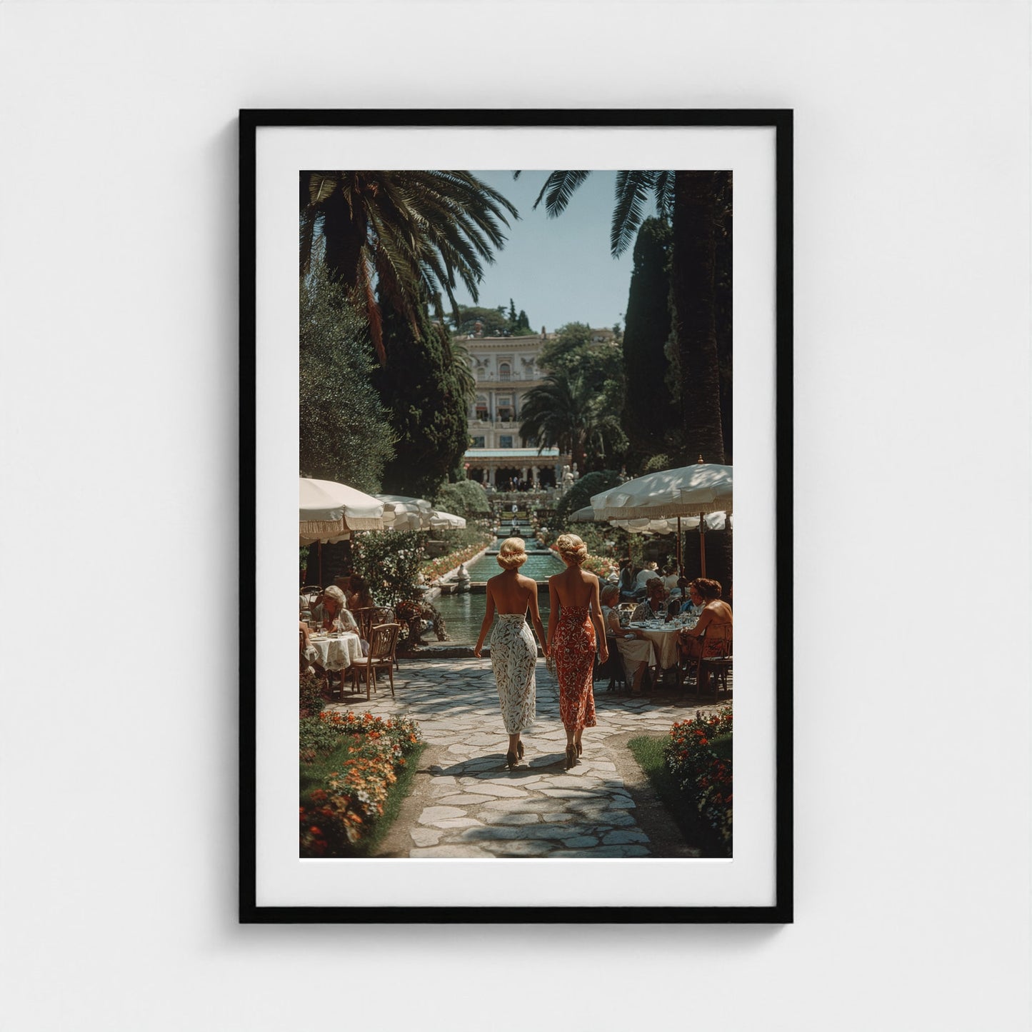 sunlit-italian-villa-garden-fashionable-women-in 24x36-black frame frame
