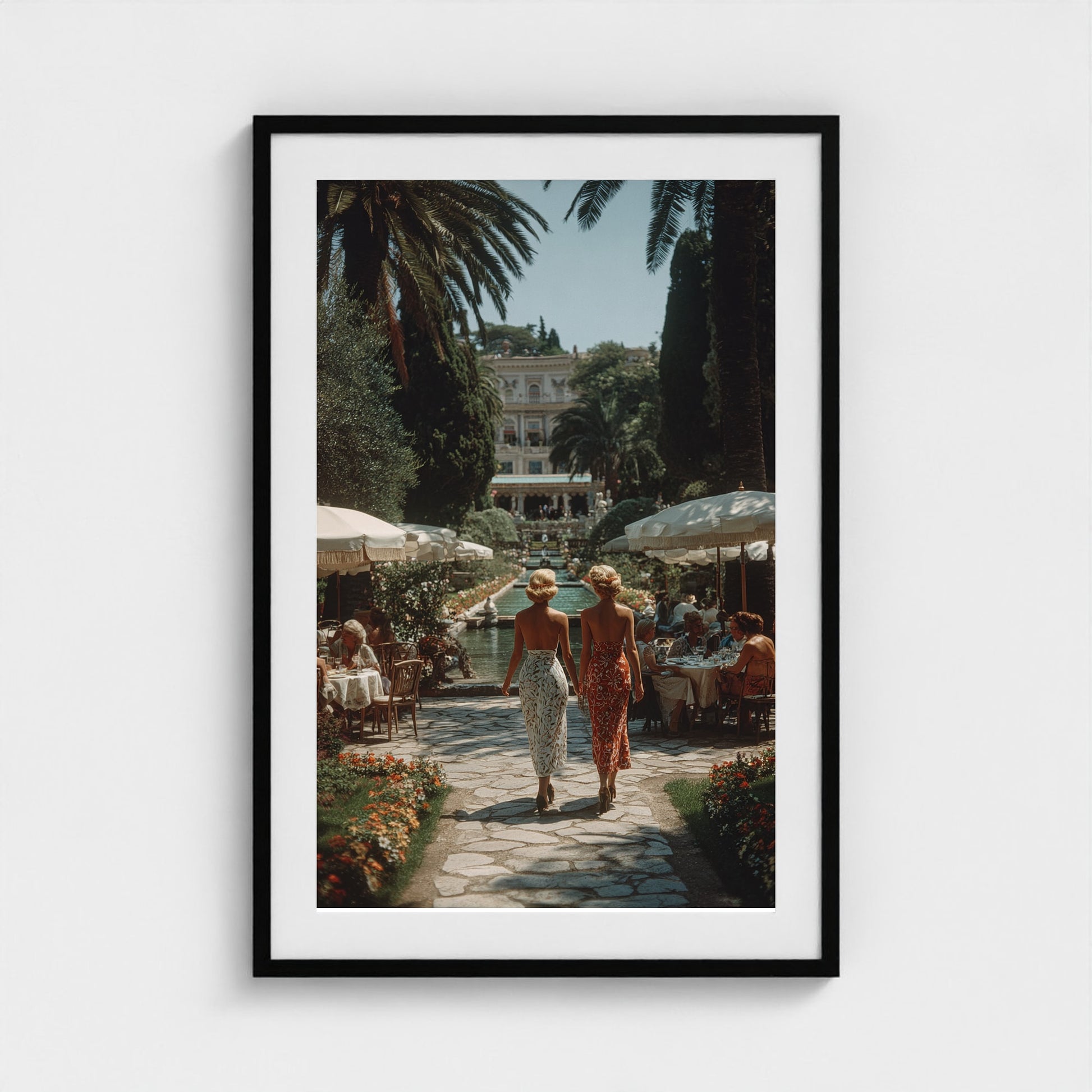 sunlit-italian-villa-garden-fashionable-women-in 24x36-black frame frame