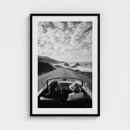 candid-couple-driving-vintage-convertible-along 24x36-black frame frame