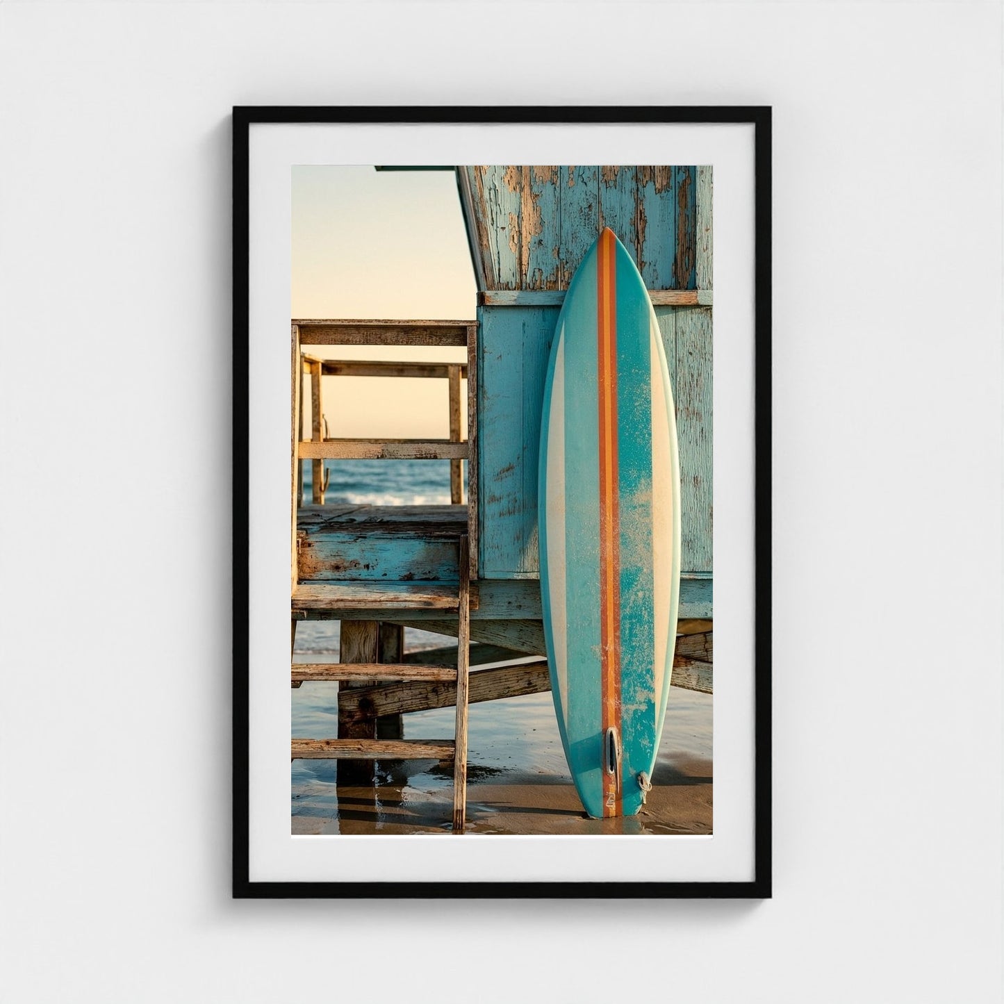 aqua-blue-surfboard-with-1960s-stripes-leaning-o 24x36-black frame frame