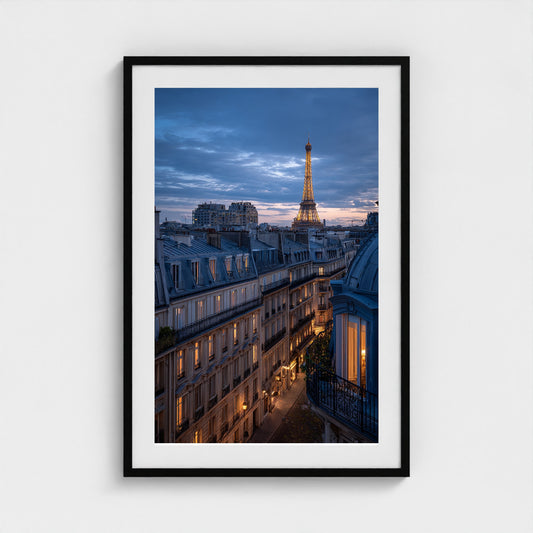 parisian-zinc-rooftops-at-blue-hour-distant-towe 24x36-black frame frame