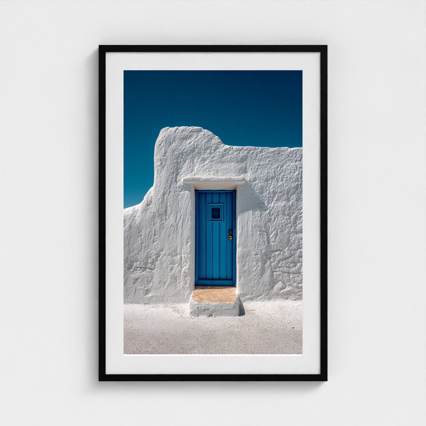 single-cycladic-blue-door-set-in-smooth-white-pl 24x36-black frame frame