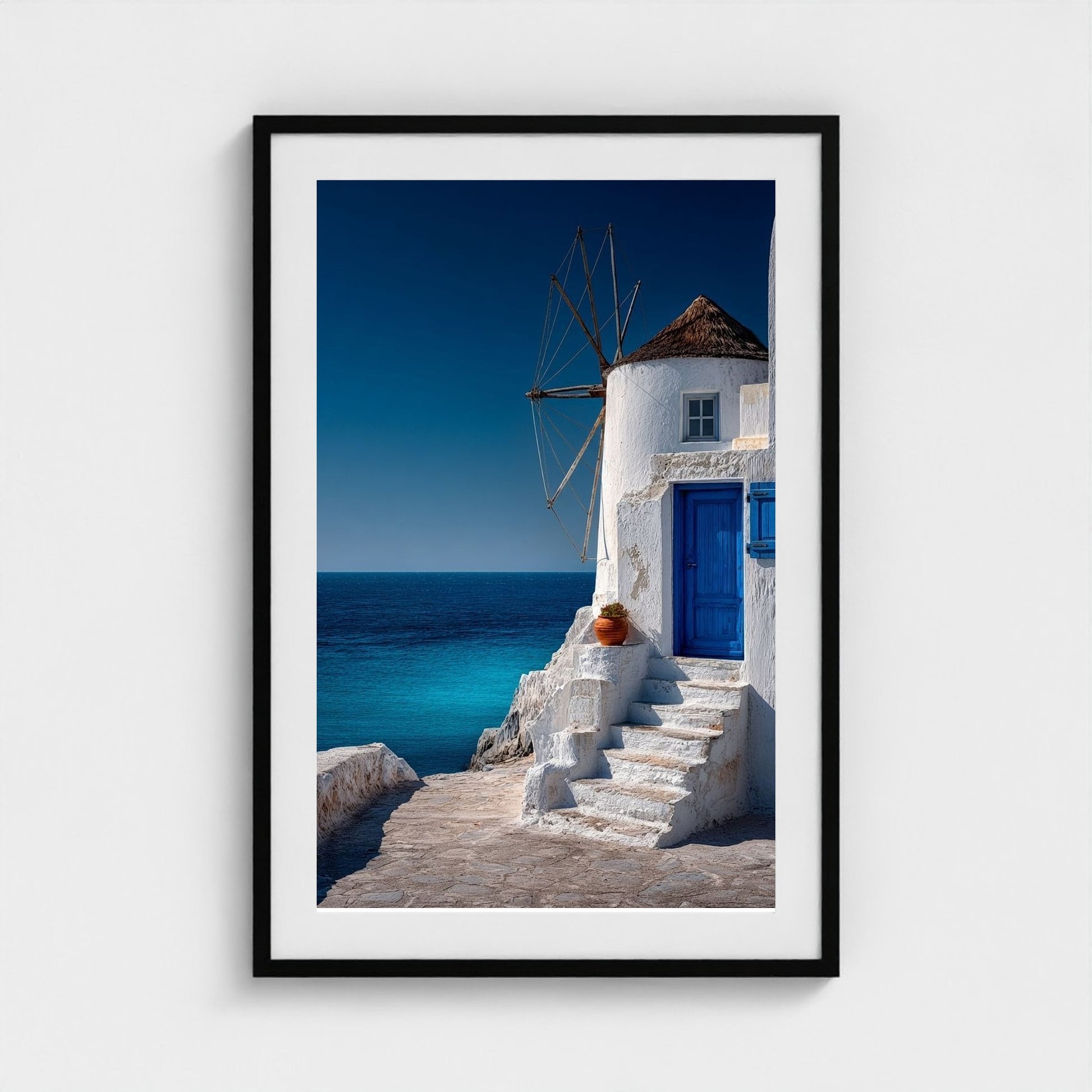 white-cycladic-windmill-with-cobalt-accents-agai 24x36-black frame frame