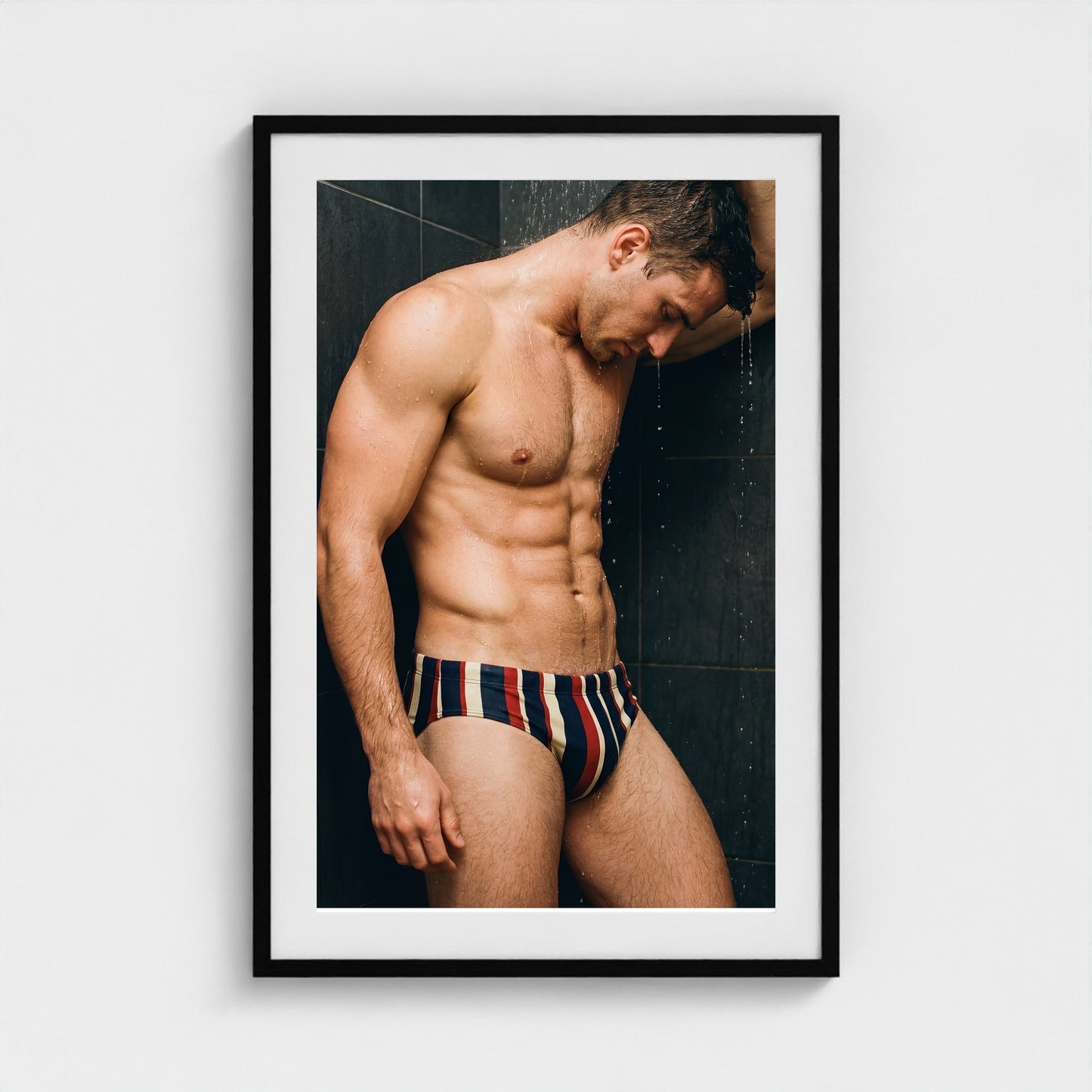 2026 03 12 20 42 00 Striped Brief Shower 24x36-black frame — Fire Island Modern