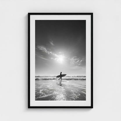 black-and-white-gallery-print-of-surfer-carrying 24x36-black frame frame