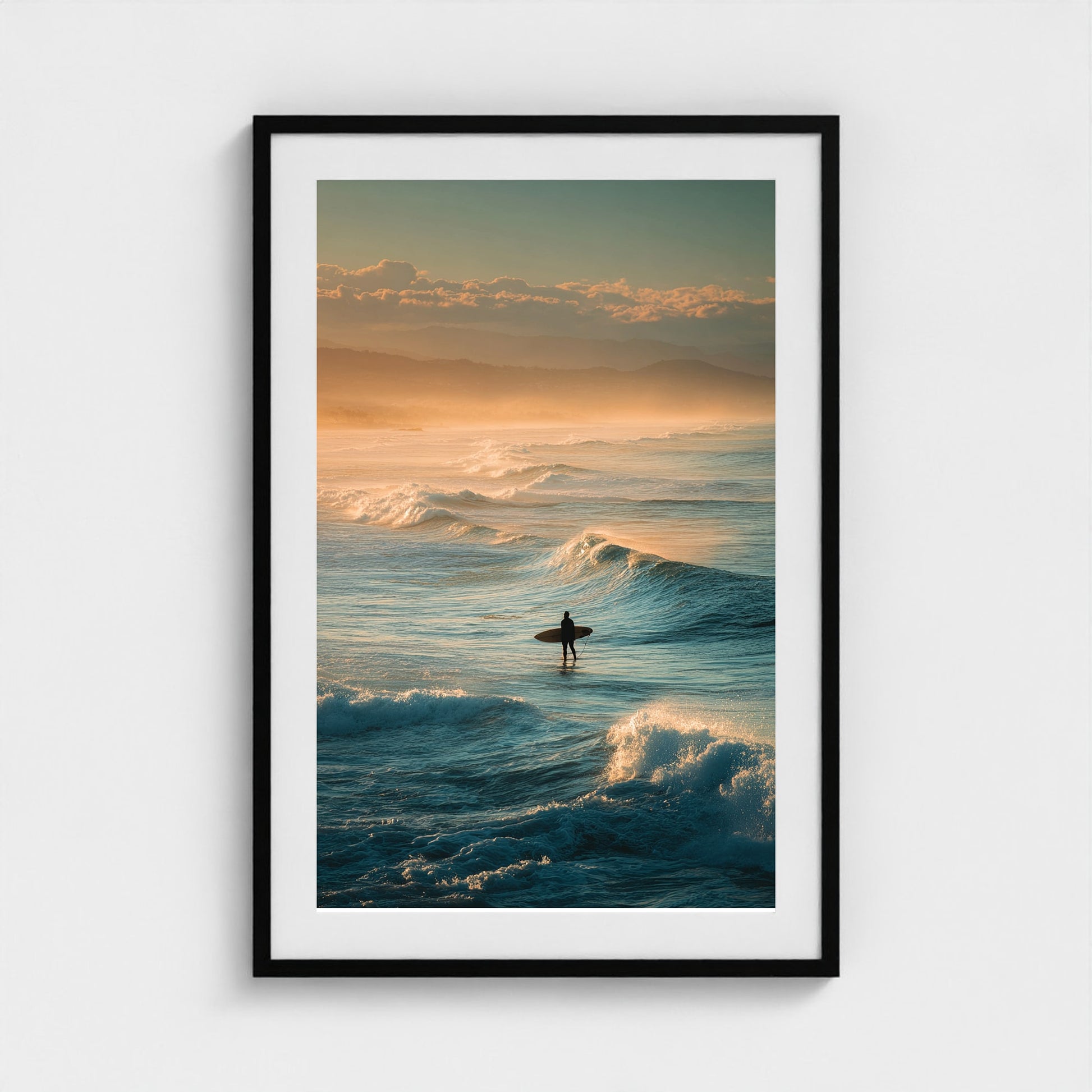 lone-surfer-silhouette-waiting-for-a-wave-golden 24x36-black frame frame