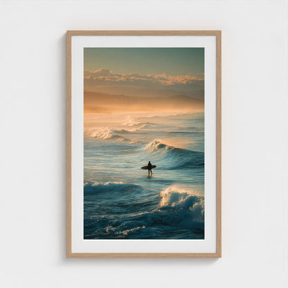 lone-surfer-silhouette-waiting-for-a-wave-golden 24x36-natural frame frame