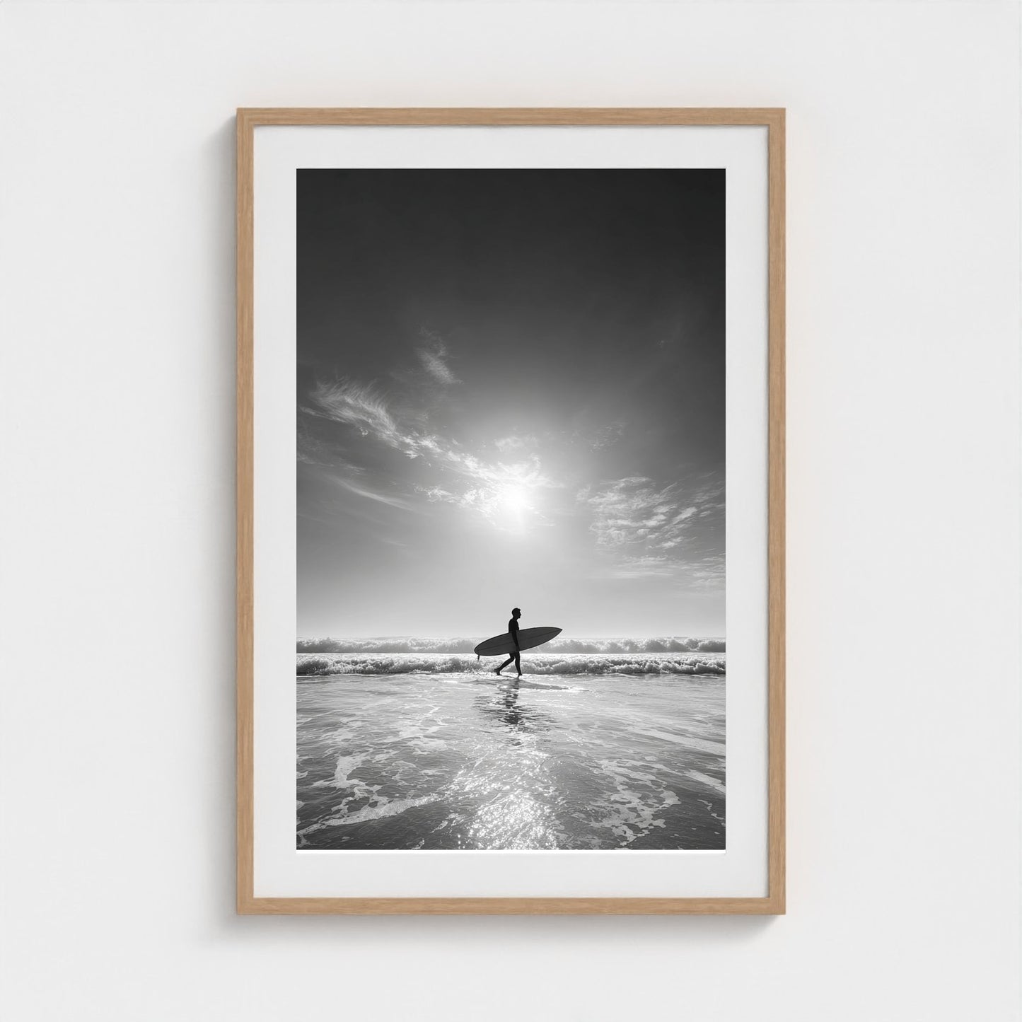 black-and-white-gallery-print-of-surfer-carrying 24x36-natural frame frame