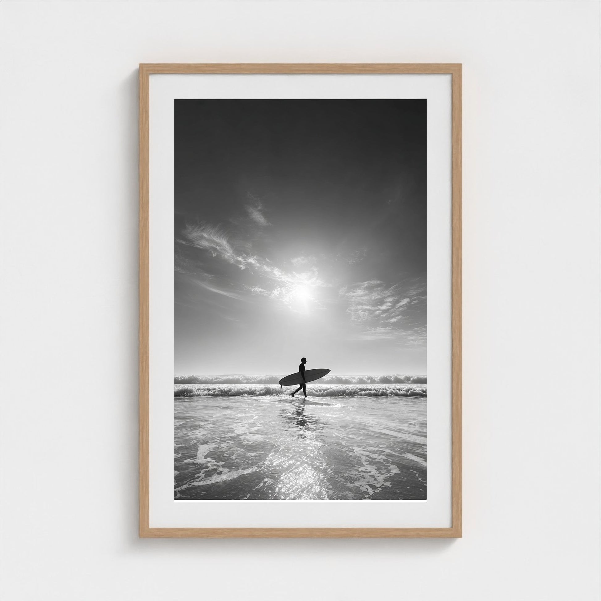 black-and-white-gallery-print-of-surfer-carrying 24x36-natural frame frame