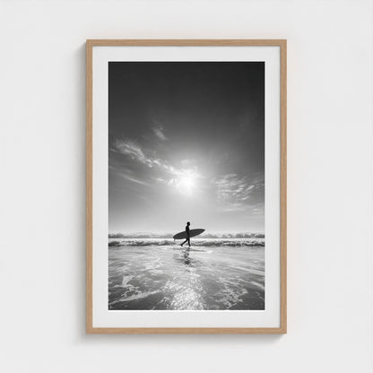 black-and-white-gallery-print-of-surfer-carrying 24x36-natural frame frame