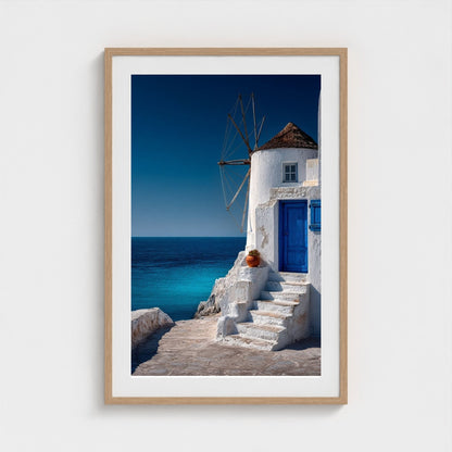 white-cycladic-windmill-with-cobalt-accents-agai 24x36-natural frame frame