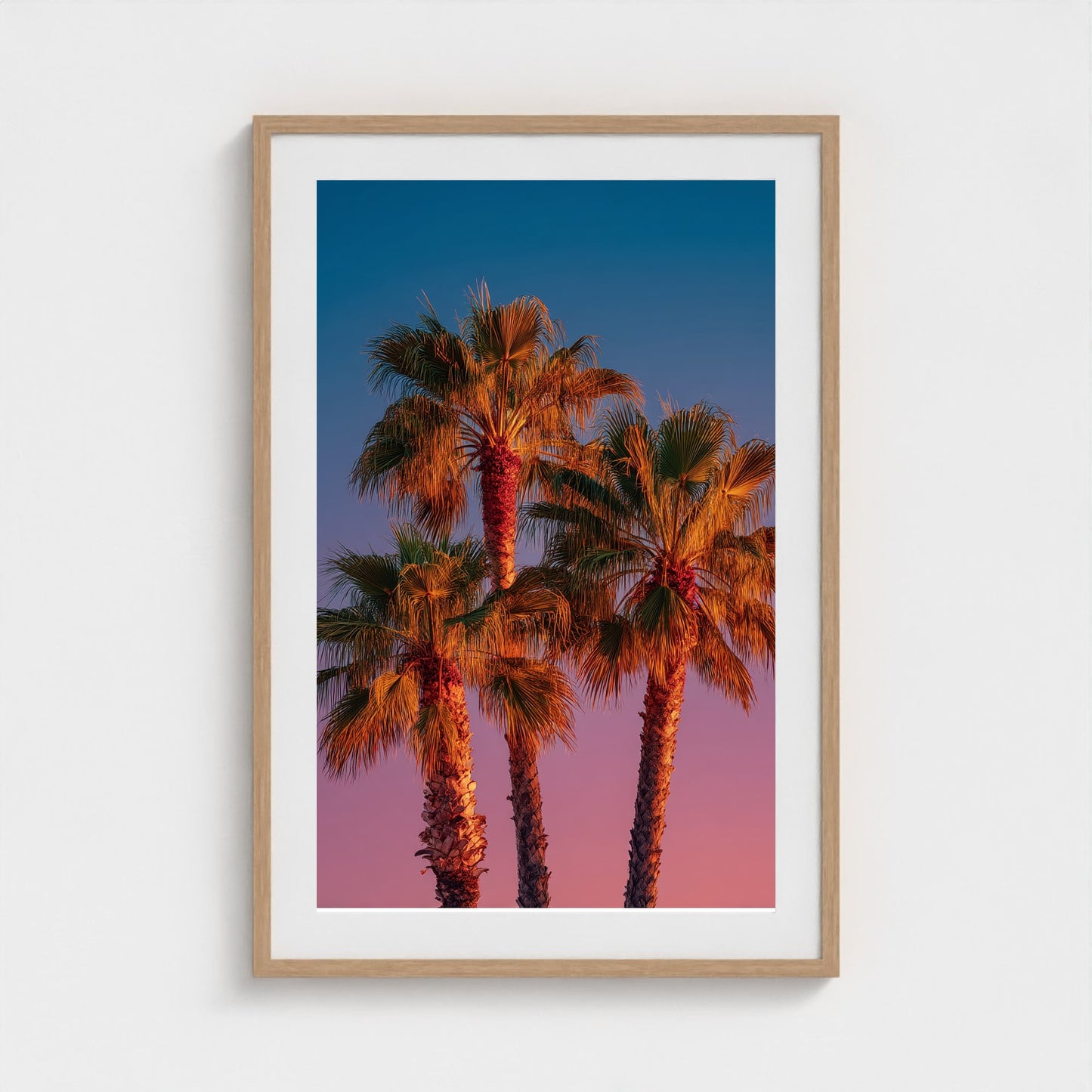 palm-trees-against-sunset-gradient-sky-minimal-f 24x36-natural frame frame