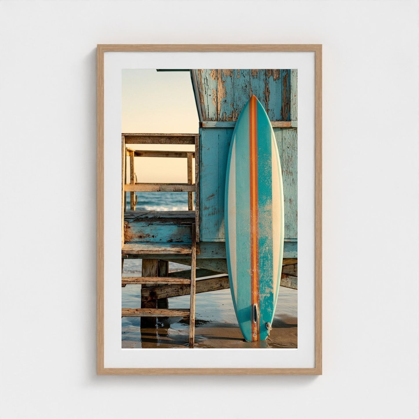 aqua-blue-surfboard-with-1960s-stripes-leaning-o 24x36-natural frame frame