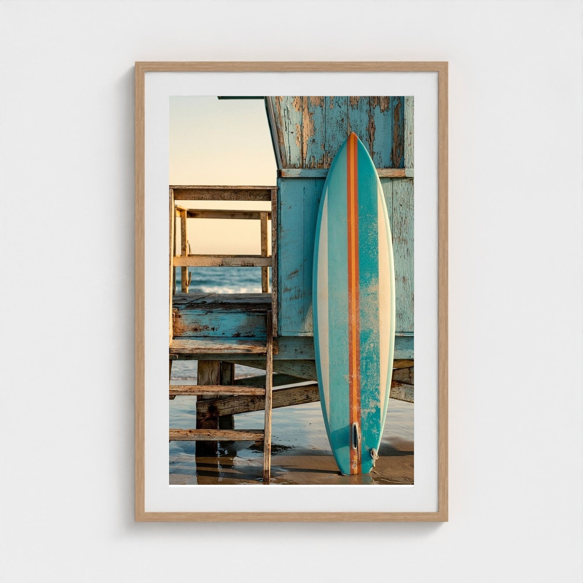 aqua-blue-surfboard-with-1960s-stripes-leaning-o 24x36-natural frame frame