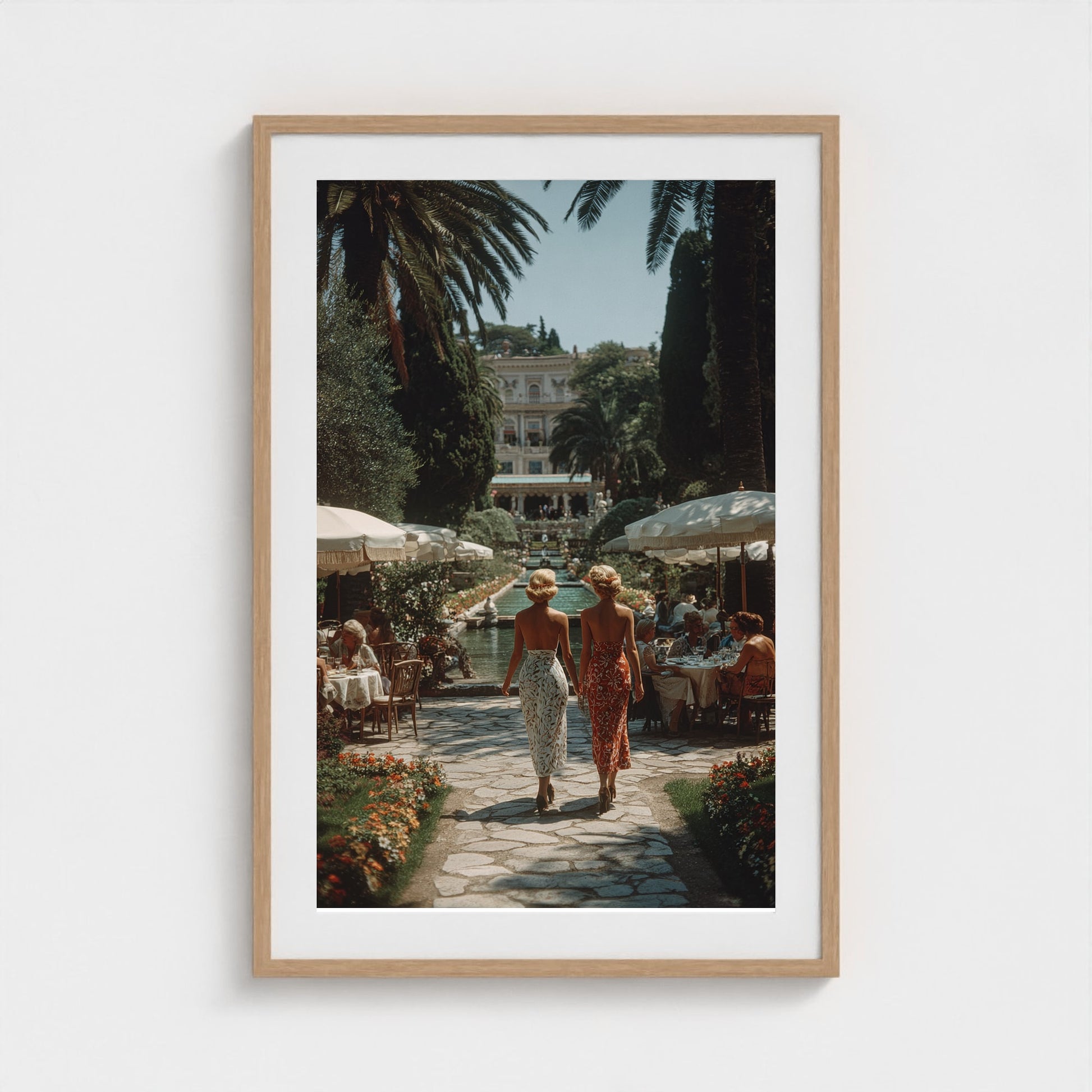 sunlit-italian-villa-garden-fashionable-women-in 24x36-natural frame frame
