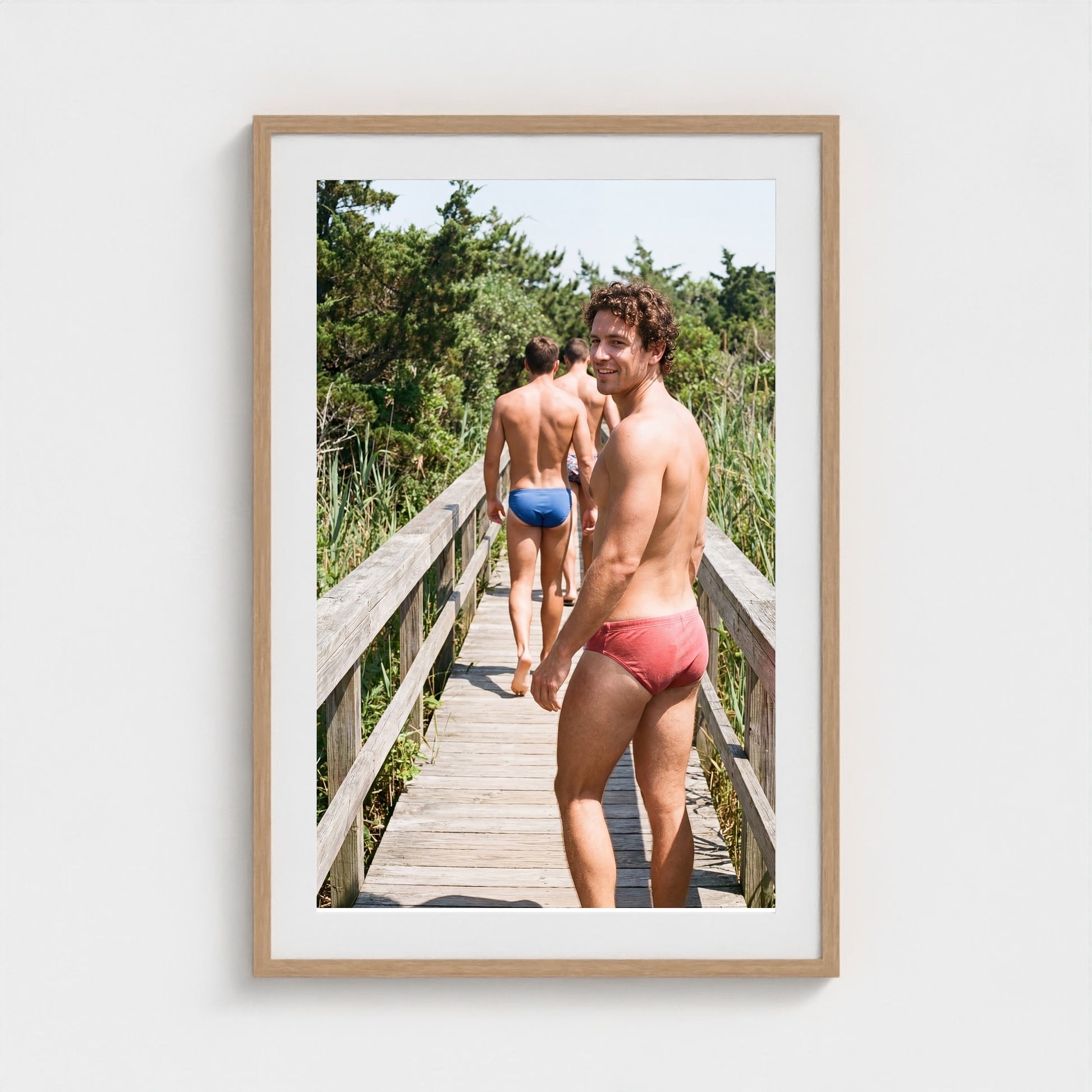 2026 03 12 20 26 00 Boardwalk Three Men 24x36-natural frame — Fire Island Modern