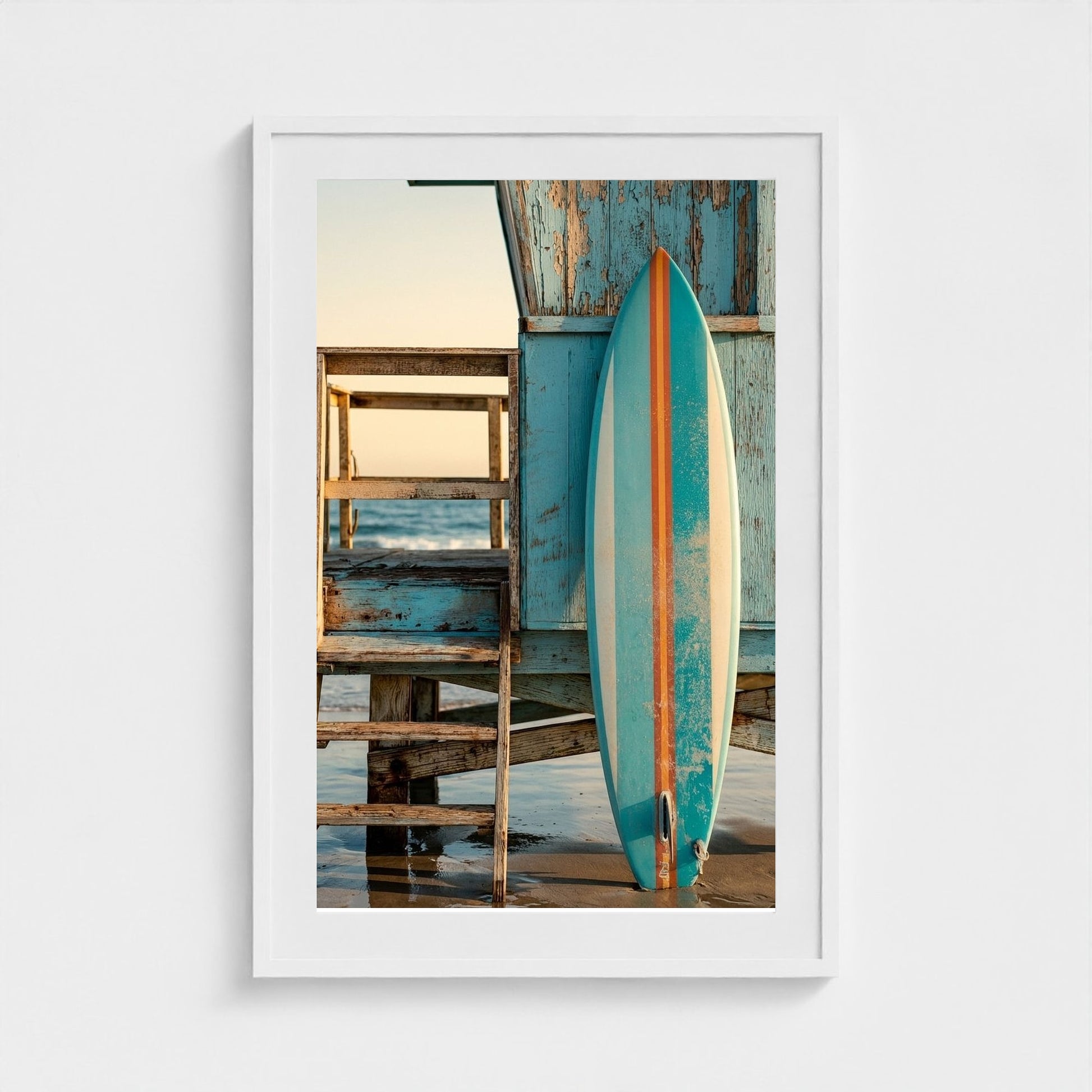 aqua-blue-surfboard-with-1960s-stripes-leaning-o 24x36-white frame frame