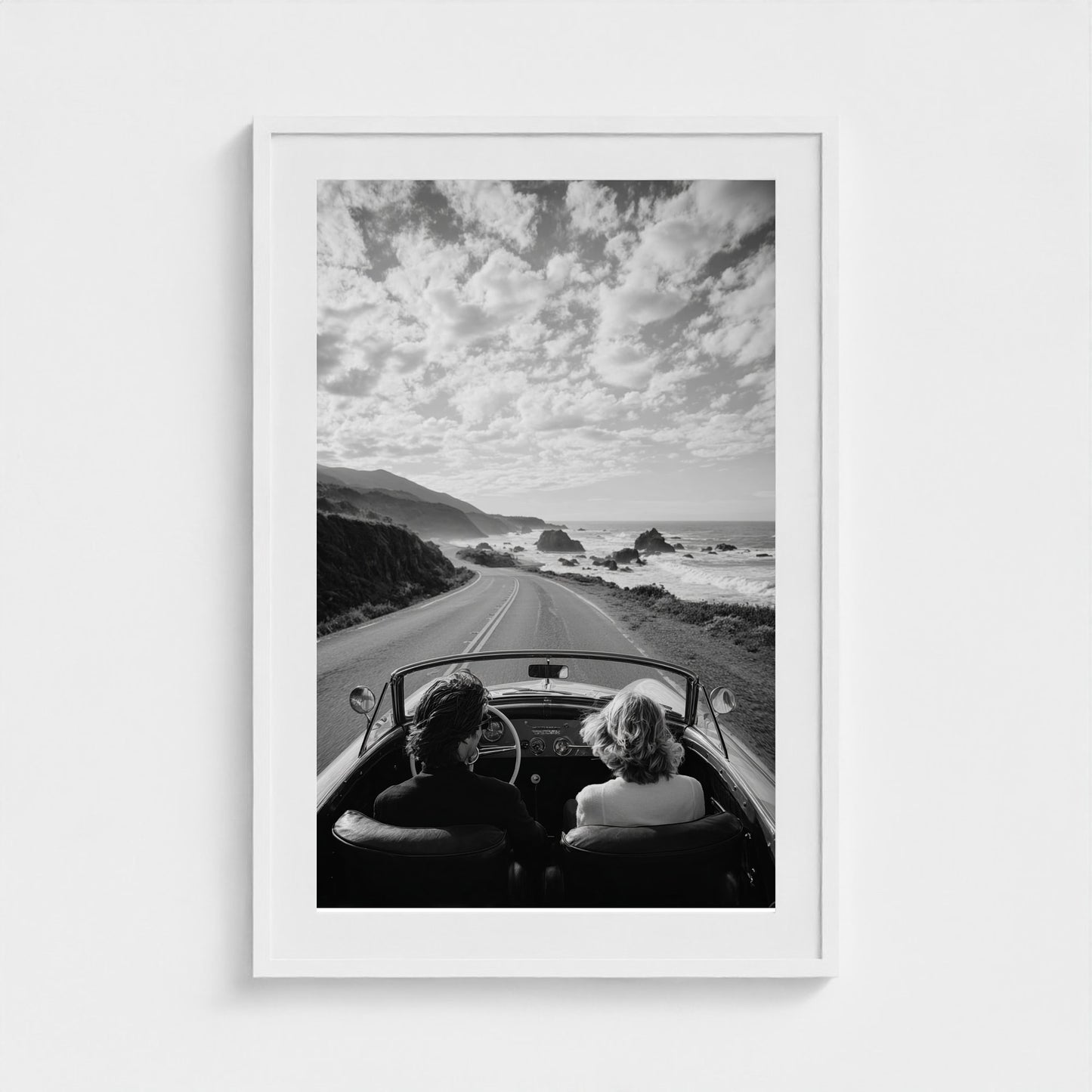 candid-couple-driving-vintage-convertible-along 24x36-white frame frame