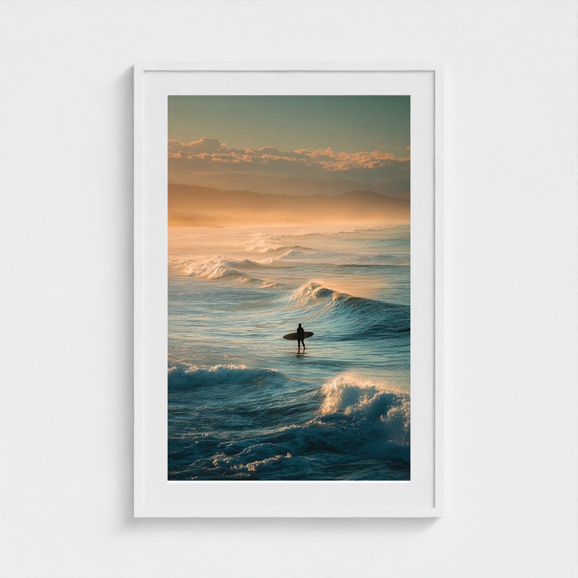lone-surfer-silhouette-waiting-for-a-wave-golden 24x36-white frame frame