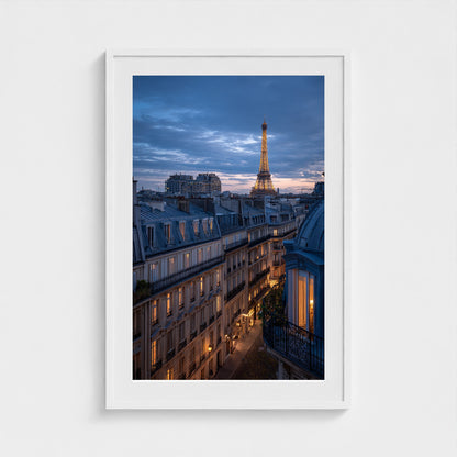 parisian-zinc-rooftops-at-blue-hour-distant-towe 24x36-white frame frame