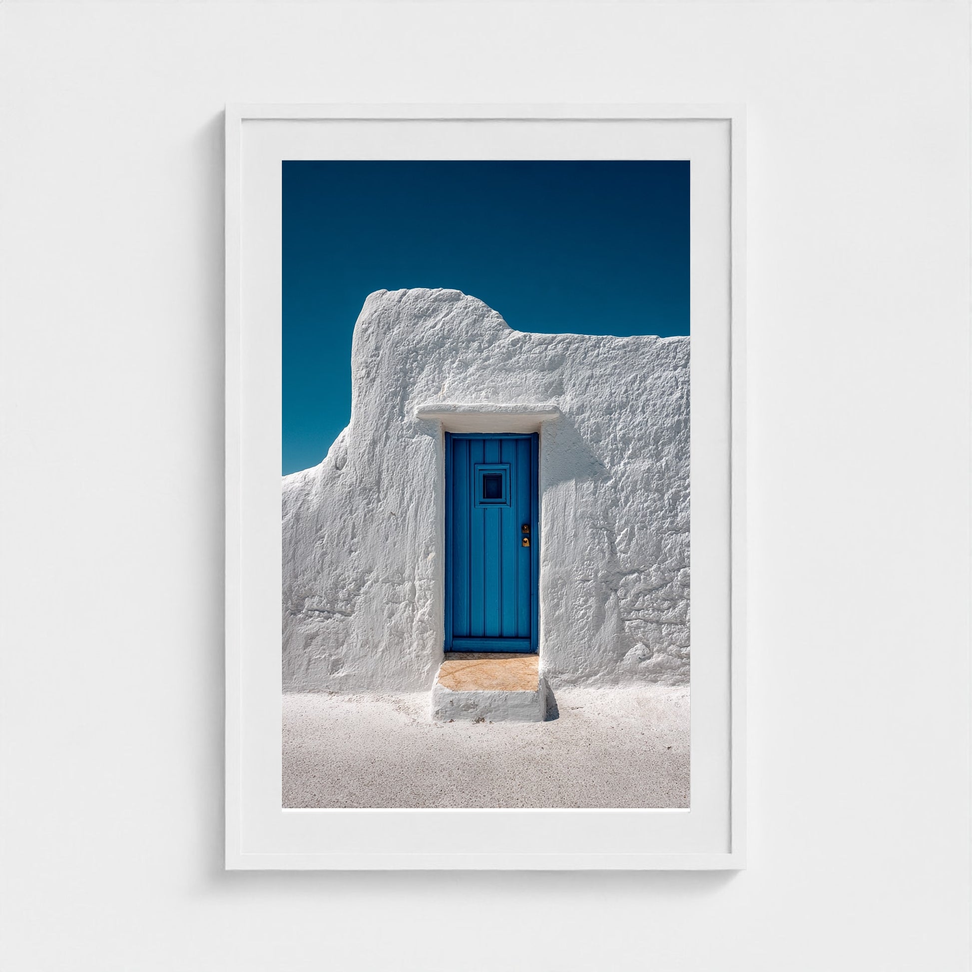 single-cycladic-blue-door-set-in-smooth-white-pl 24x36-white frame frame