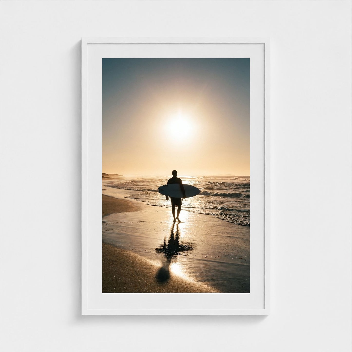 lone-longboarder-walking-across-sunlit-beach-cin 24x36-white frame frame
