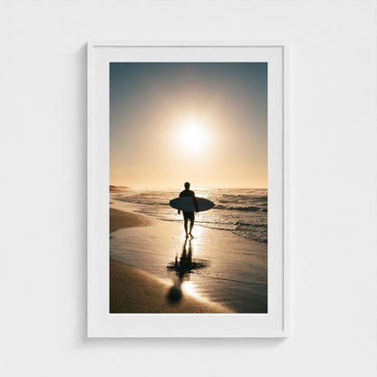 lone-longboarder-walking-across-sunlit-beach-cin 24x36-white frame frame