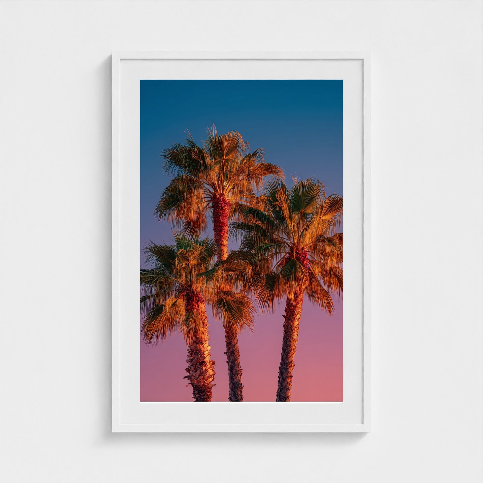 palm-trees-against-sunset-gradient-sky-minimal-f 24x36-white frame frame