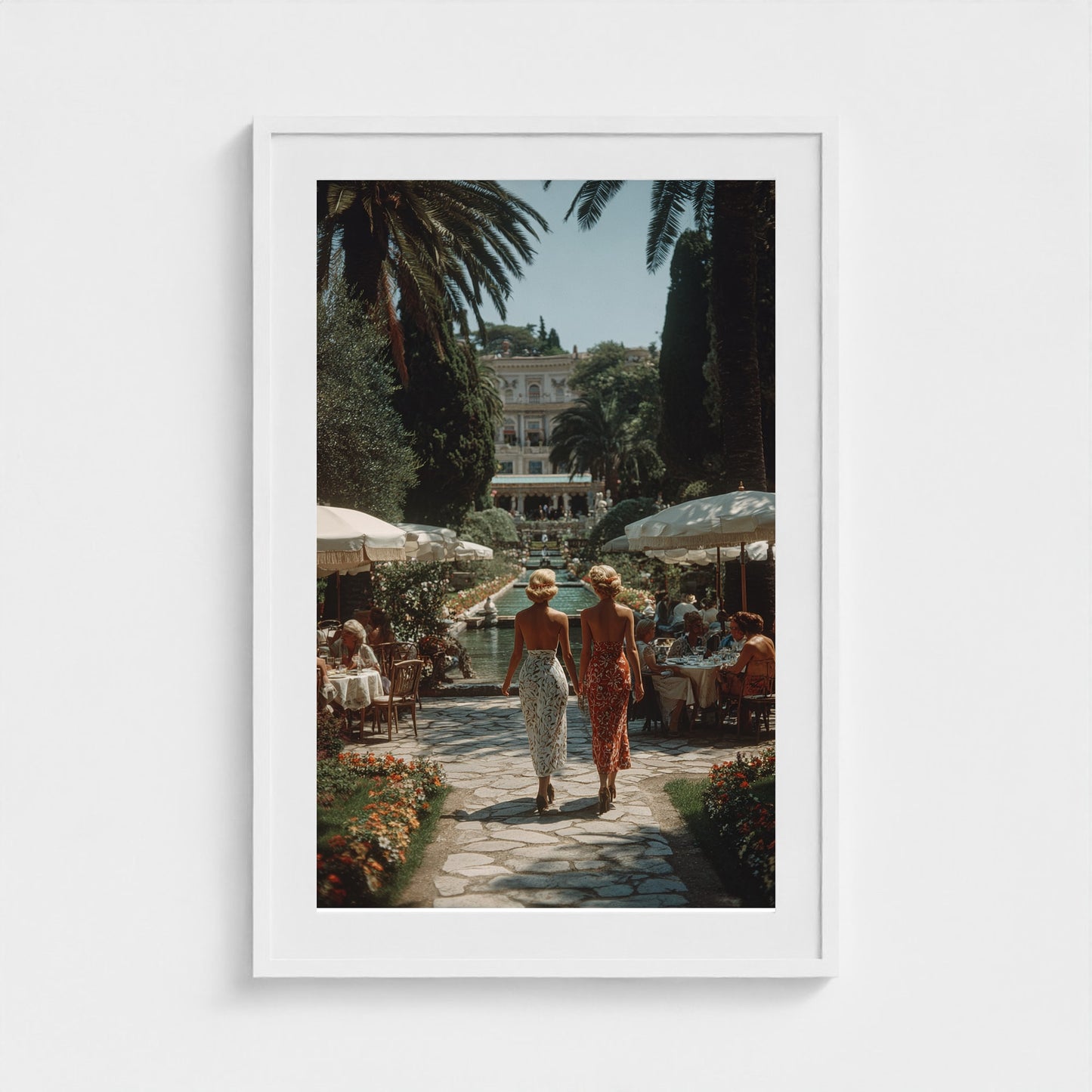 sunlit-italian-villa-garden-fashionable-women-in 24x36-white frame frame