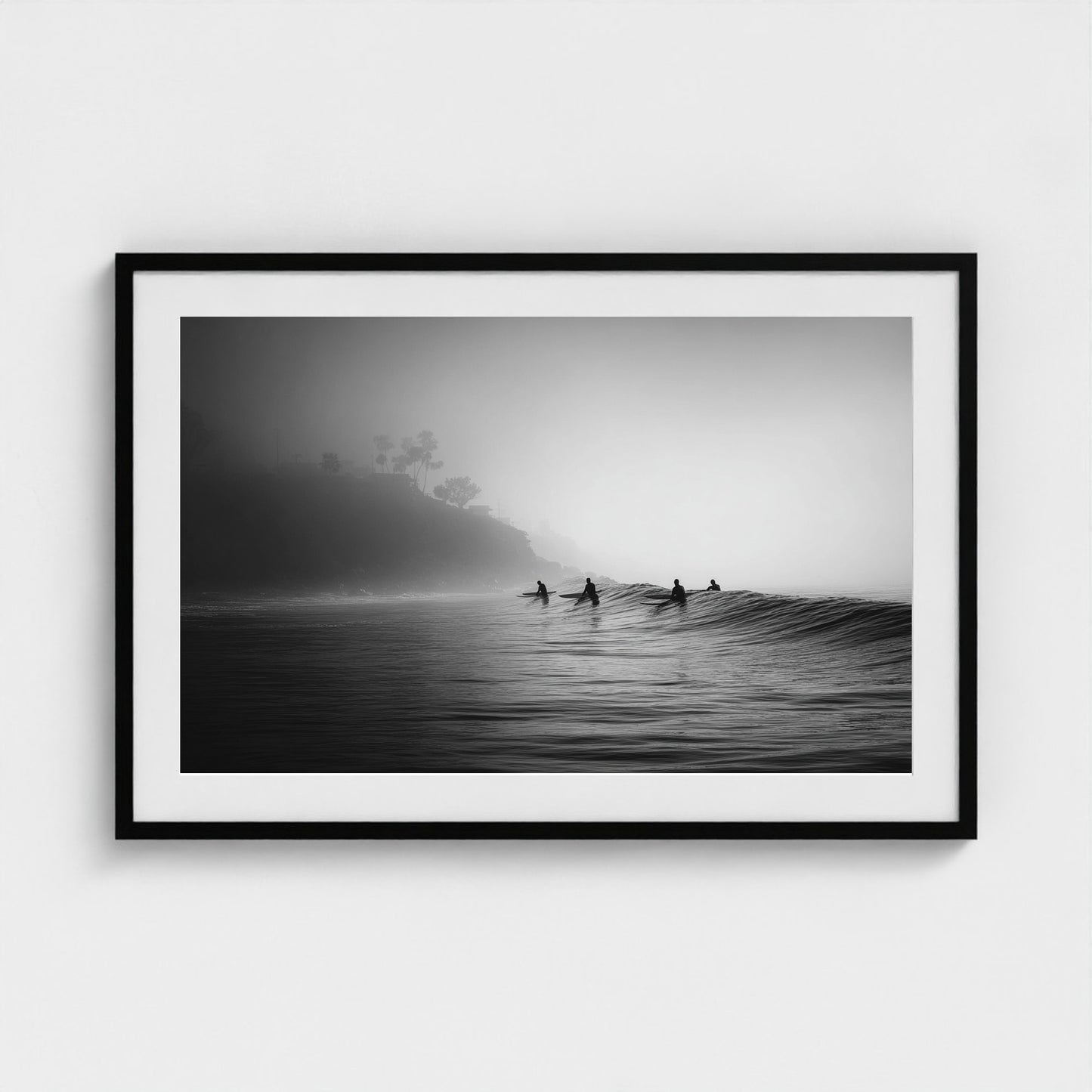 quiet-early-morning-surf-lineup-fog-rolling-acro 36x24-black frame frame
