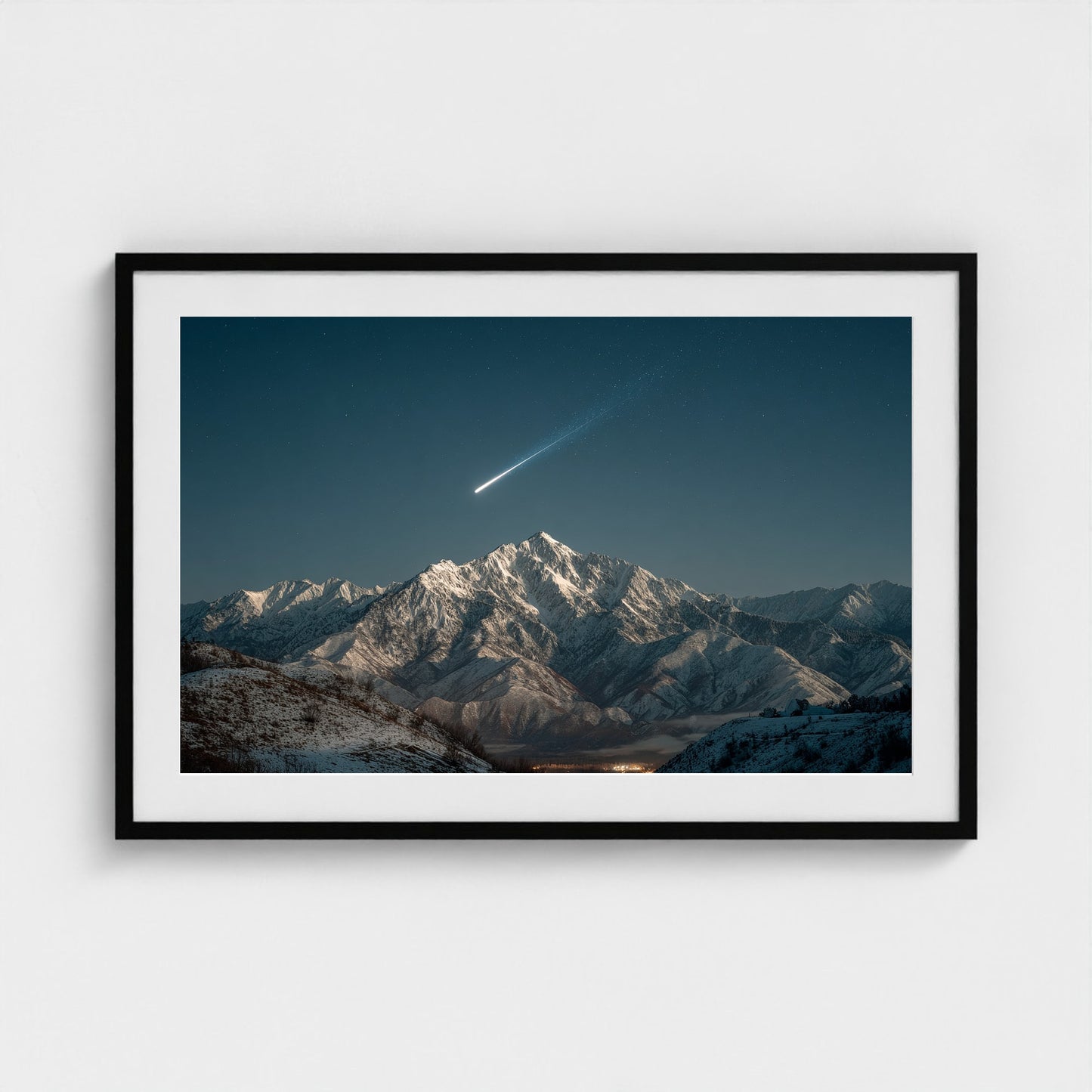 comet-streaking-across-night-sky-above-snowy-pea 36x24-black frame frame