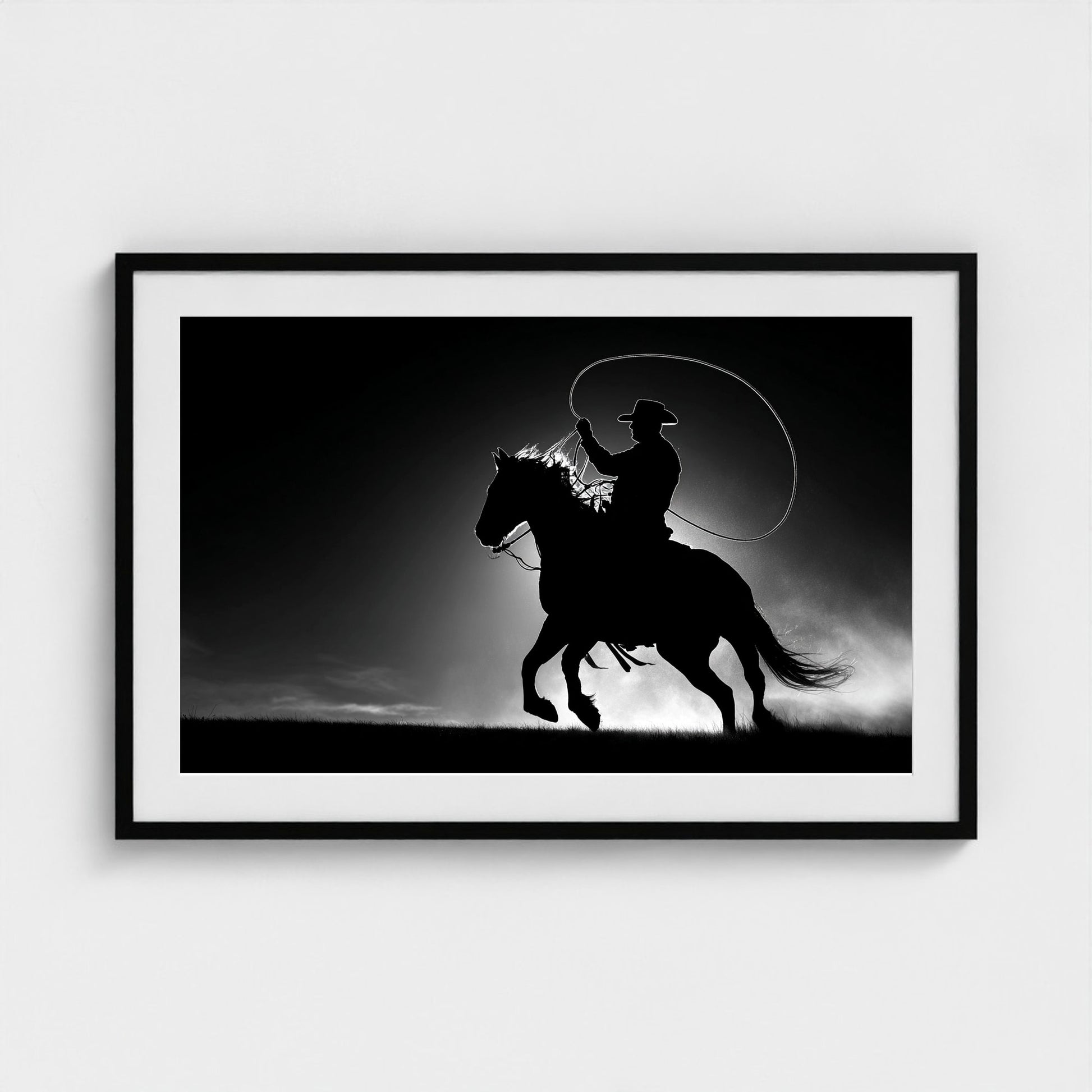 black-and-white-minimalist-realistic-cowboy-lass 36x24-black frame frame