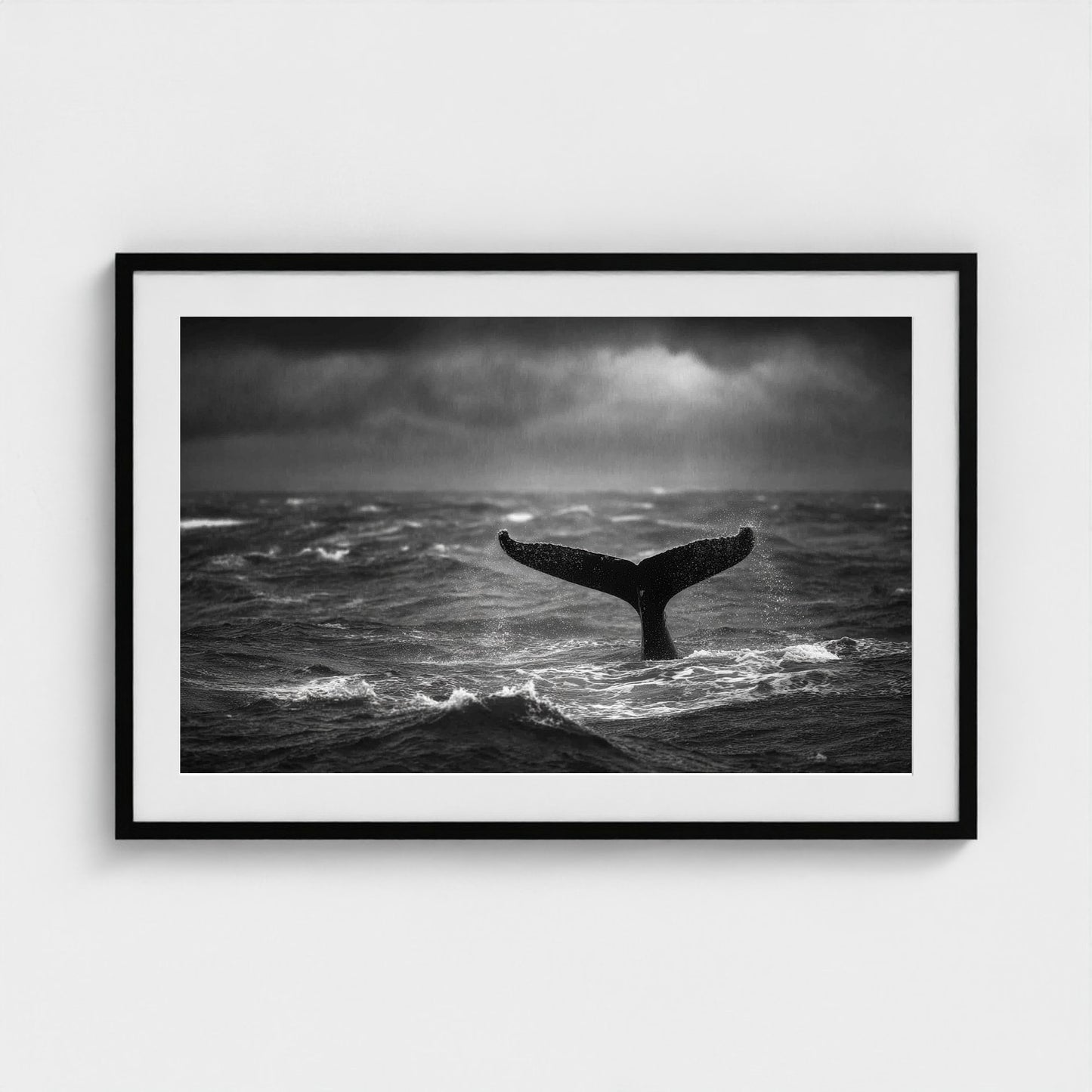 tail-fluke-against-stormy-sea-rain-sheets-and-wh 36x24-black frame frame