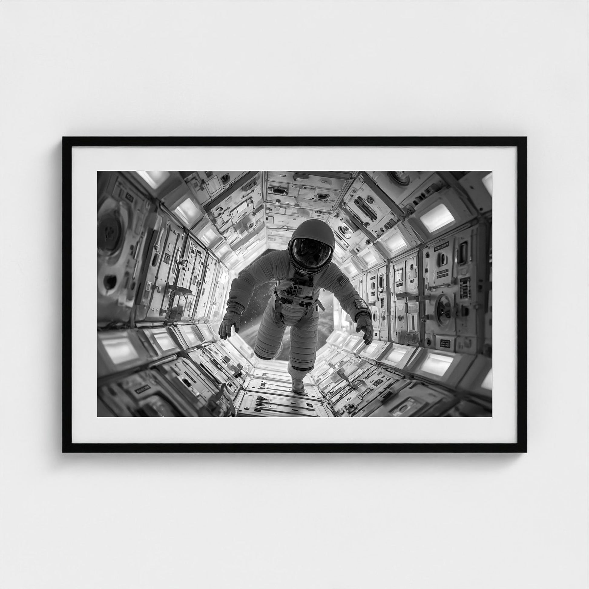 astronaut-floating-into-airlock-kubrick-one-poin 36x24-black frame frame