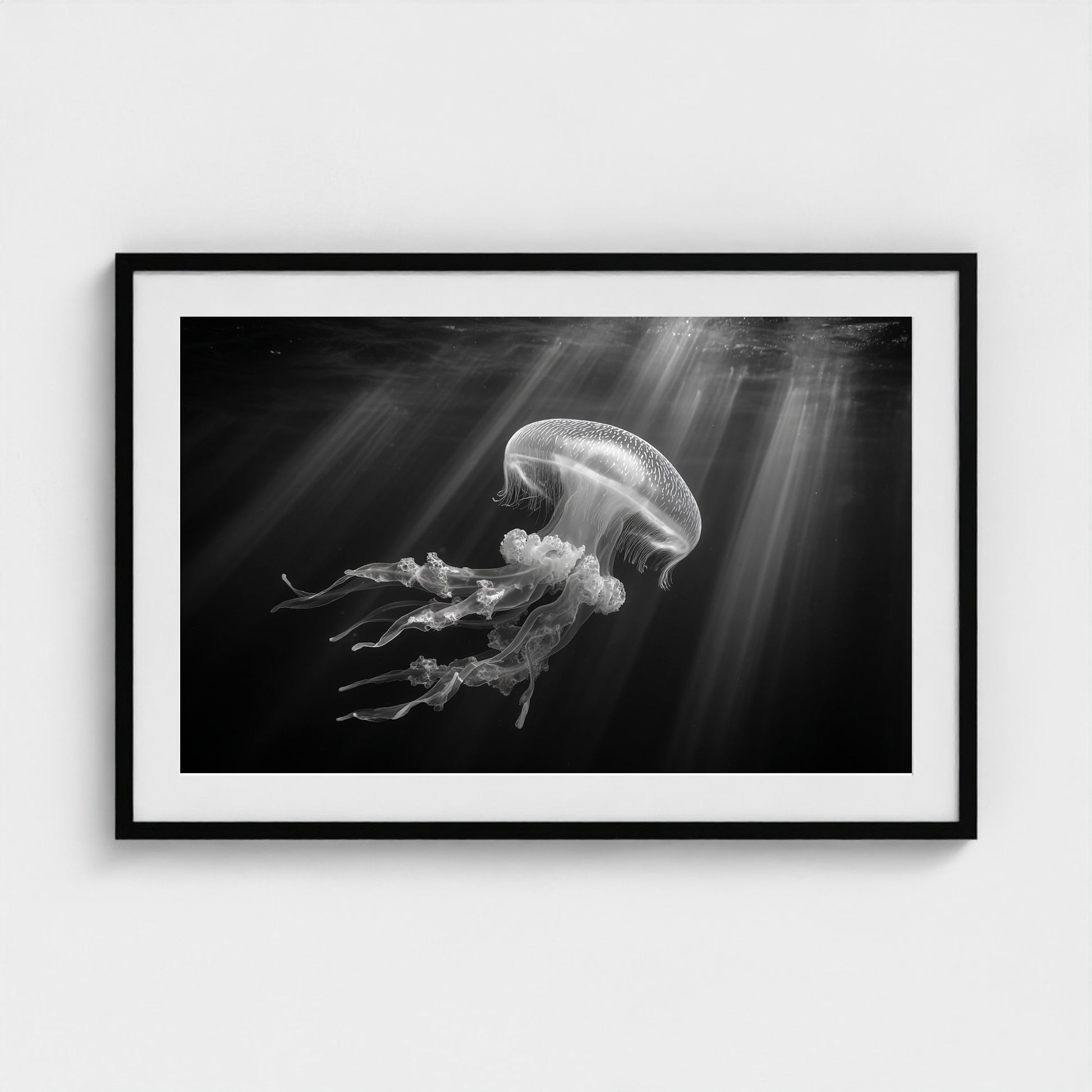 ethereal-bioluminescent-jellyfish-floating-in-de 36x24-black frame frame