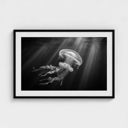 ethereal-bioluminescent-jellyfish-floating-in-de 36x24-black frame frame