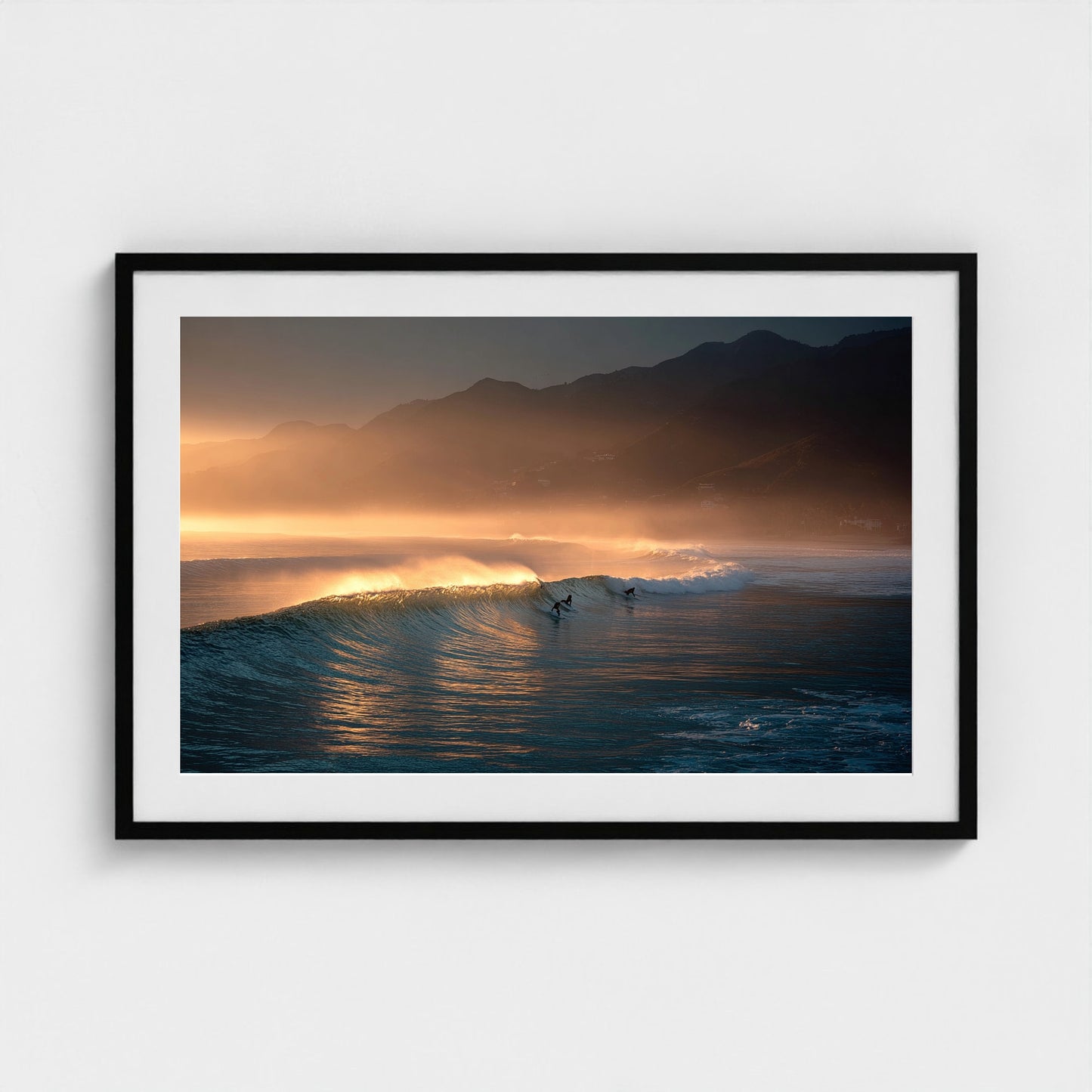 sunrise-over-quiet-surf-lineup-mist-over-water-b 36x24-black frame frame