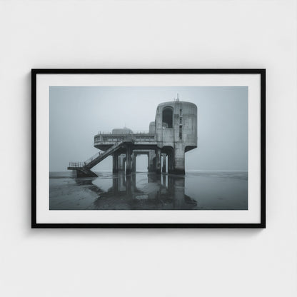 brutalist-seaside-pier-at-dawn-glassy-tide-mirro 36x24-black frame frame