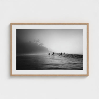 quiet-early-morning-surf-lineup-fog-rolling-acro 36x24-natural frame frame