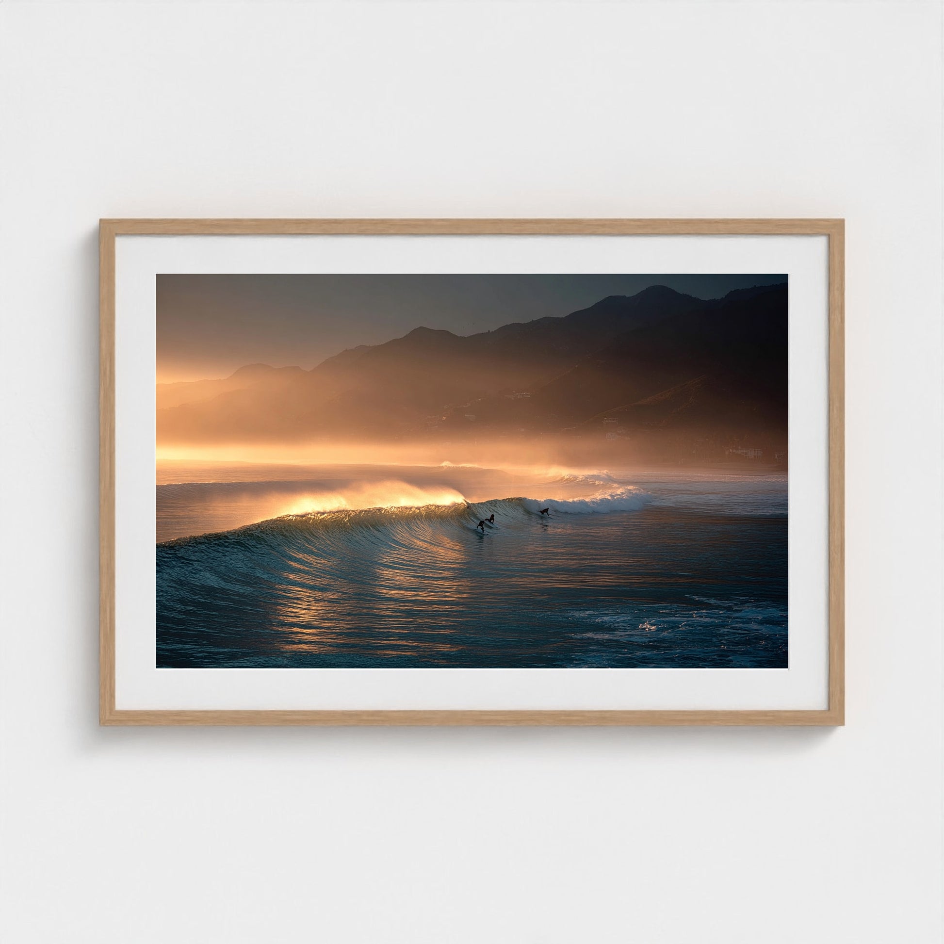 sunrise-over-quiet-surf-lineup-mist-over-water-b 36x24-natural frame frame