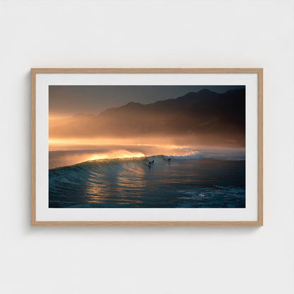 sunrise-over-quiet-surf-lineup-mist-over-water-b 36x24-natural frame frame