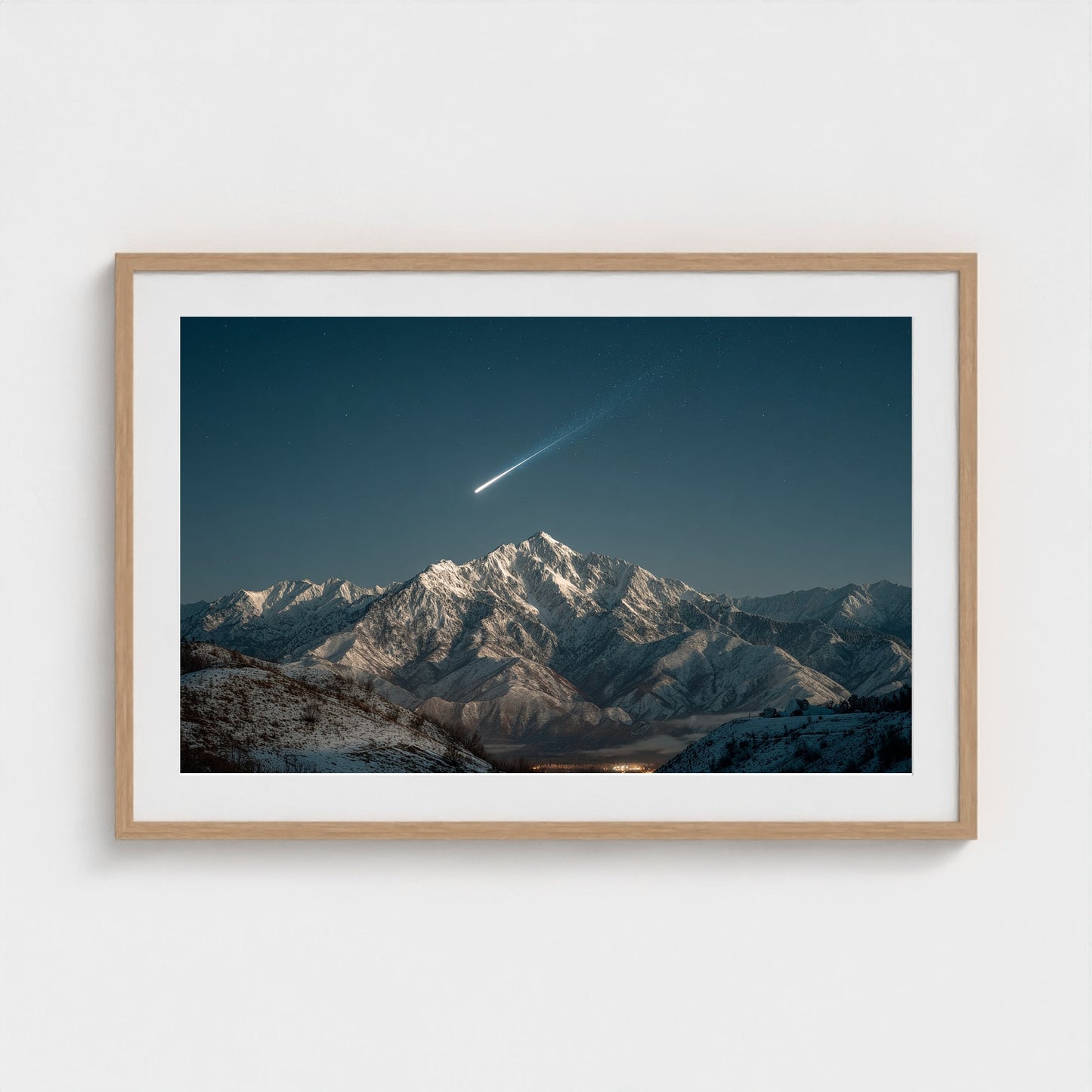 comet-streaking-across-night-sky-above-snowy-pea 36x24-natural frame frame