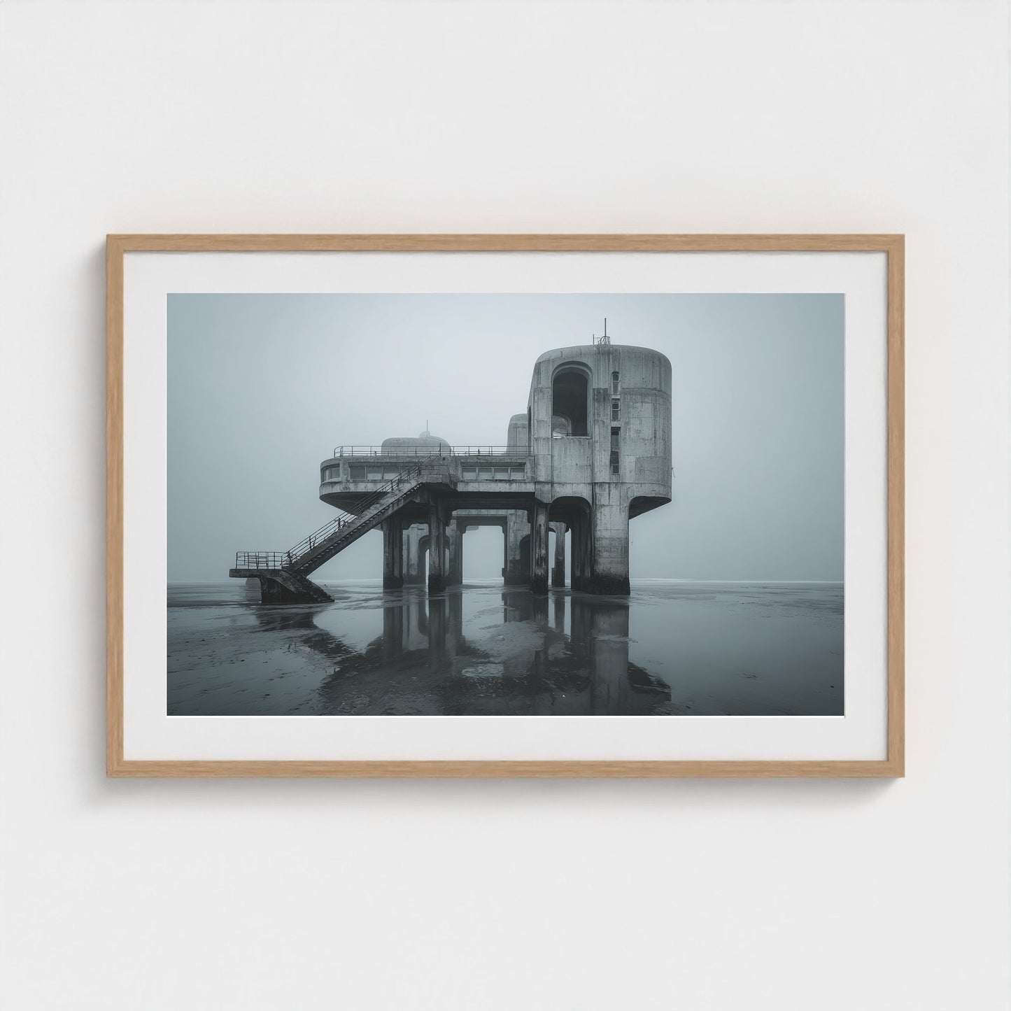 brutalist-seaside-pier-at-dawn-glassy-tide-mirro 36x24-natural frame frame