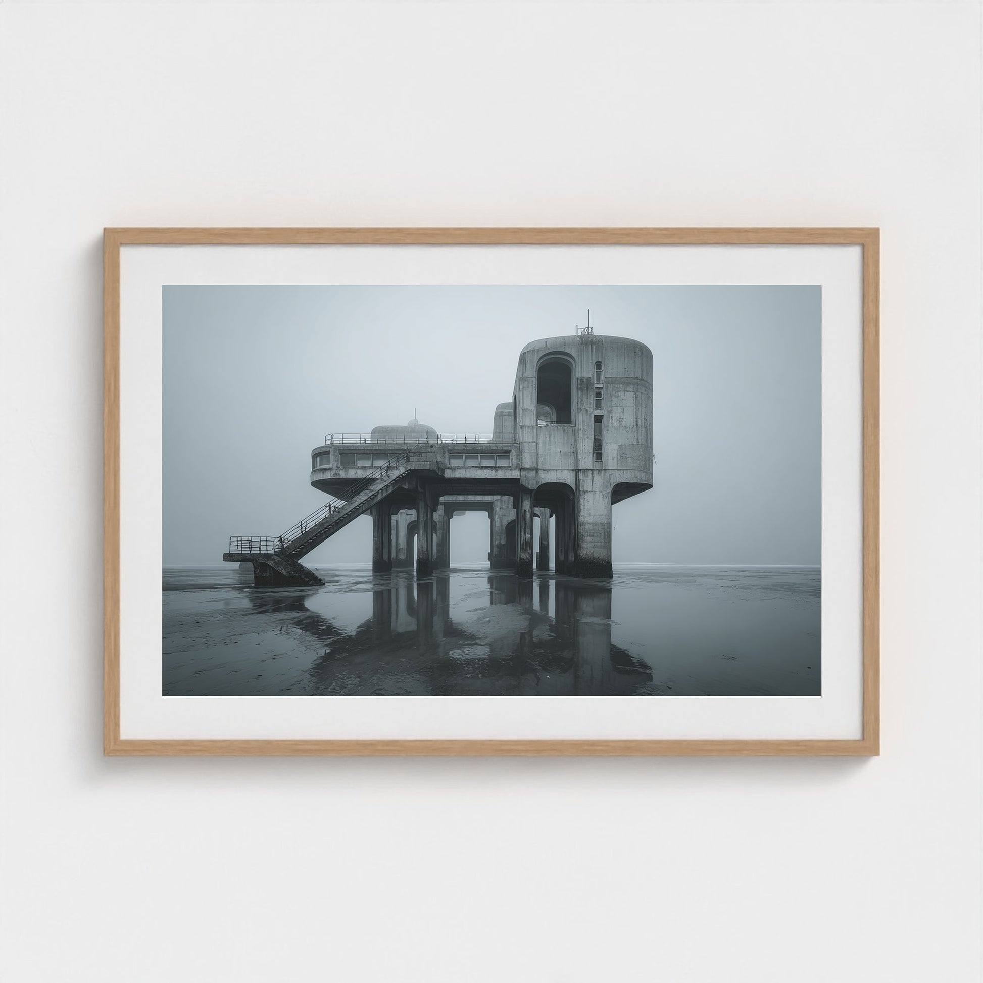 brutalist-seaside-pier-at-dawn-glassy-tide-mirro 36x24-natural frame frame