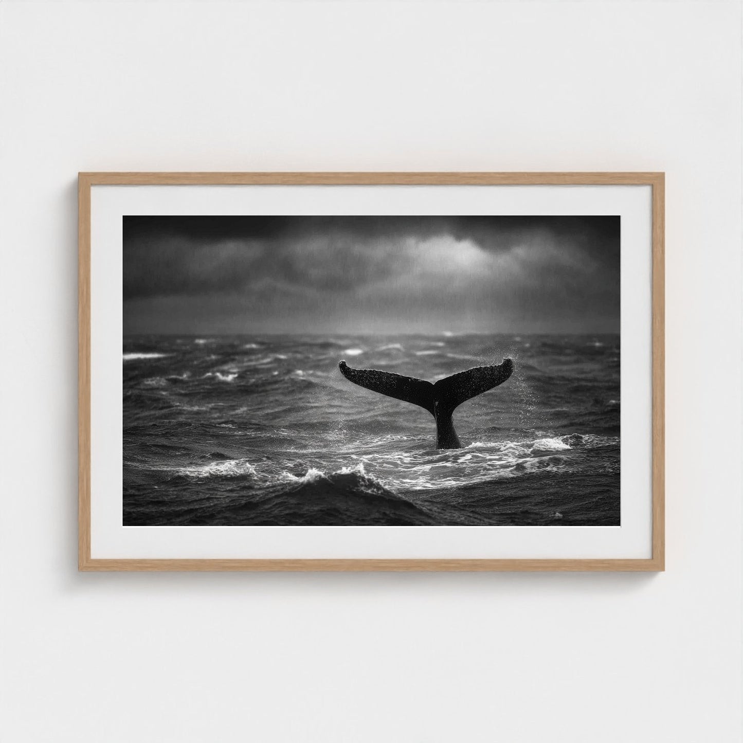 tail-fluke-against-stormy-sea-rain-sheets-and-wh 36x24-natural frame frame