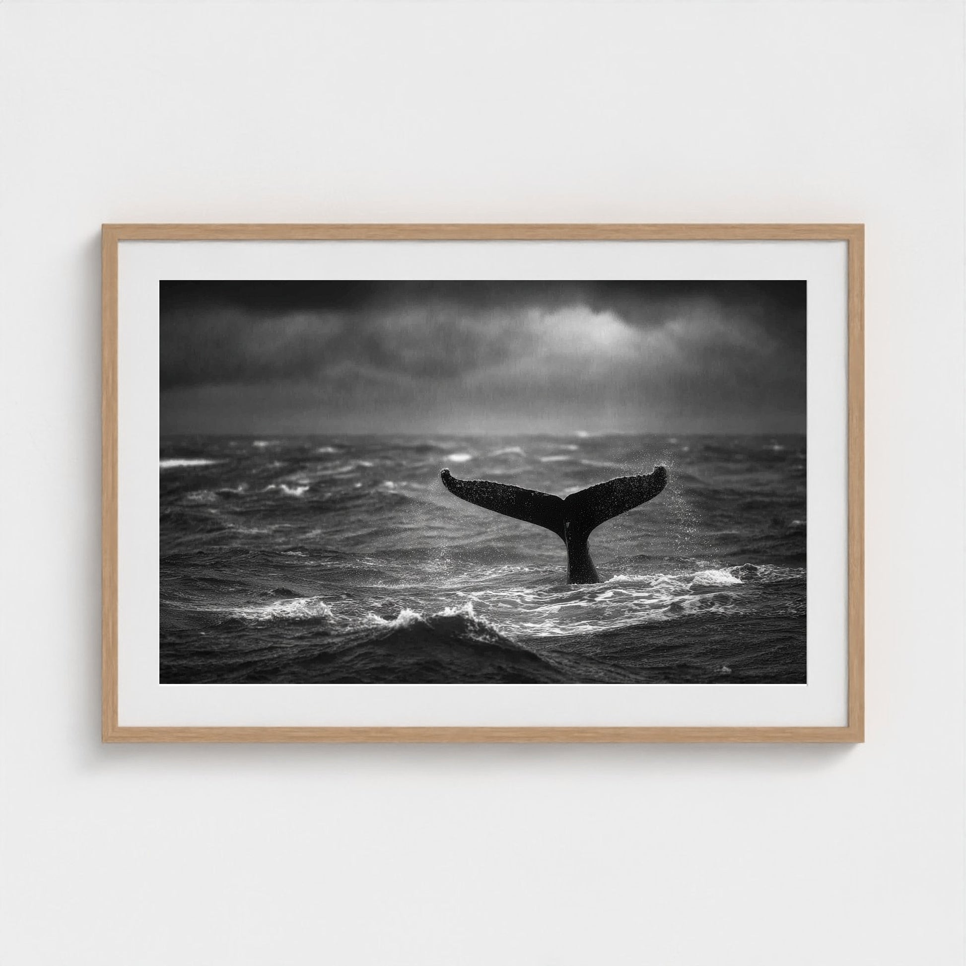 tail-fluke-against-stormy-sea-rain-sheets-and-wh 36x24-natural frame frame