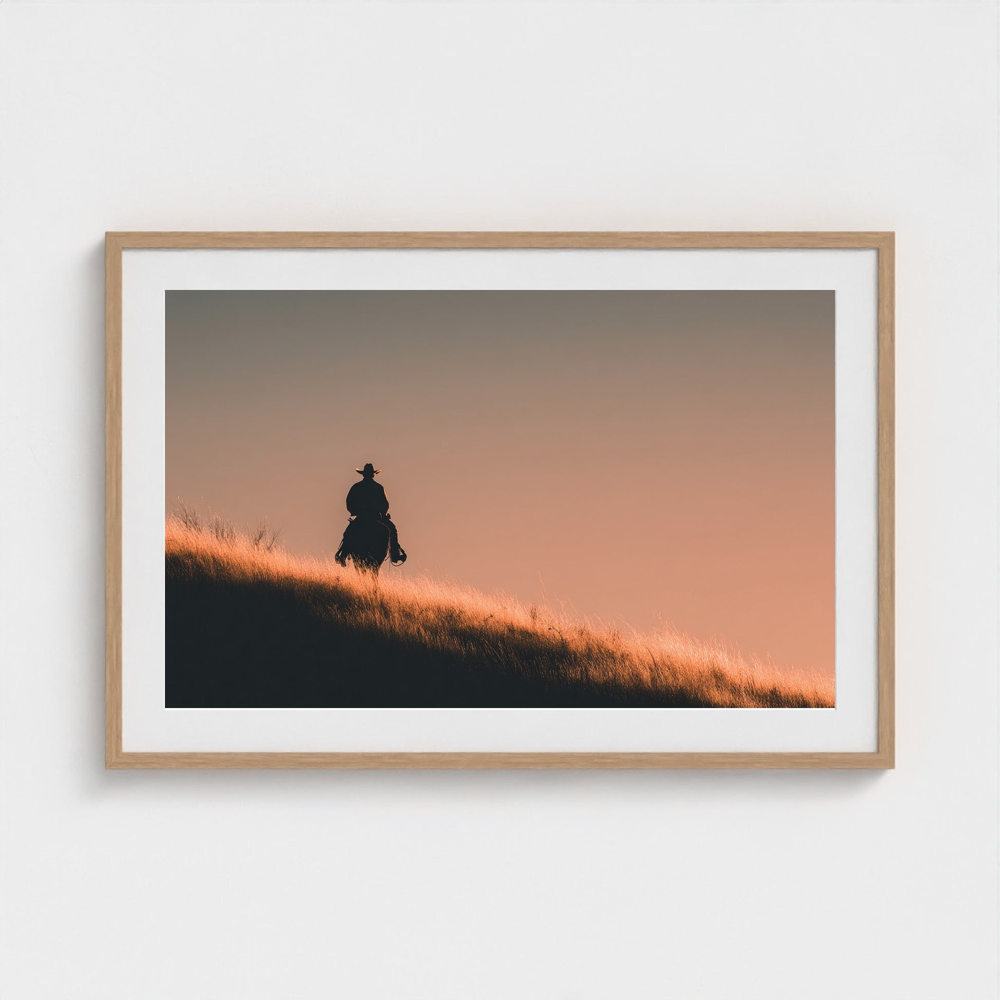 minimalist-cowboy-silhouette-at-sunrise-desert-h 36x24-natural frame frame