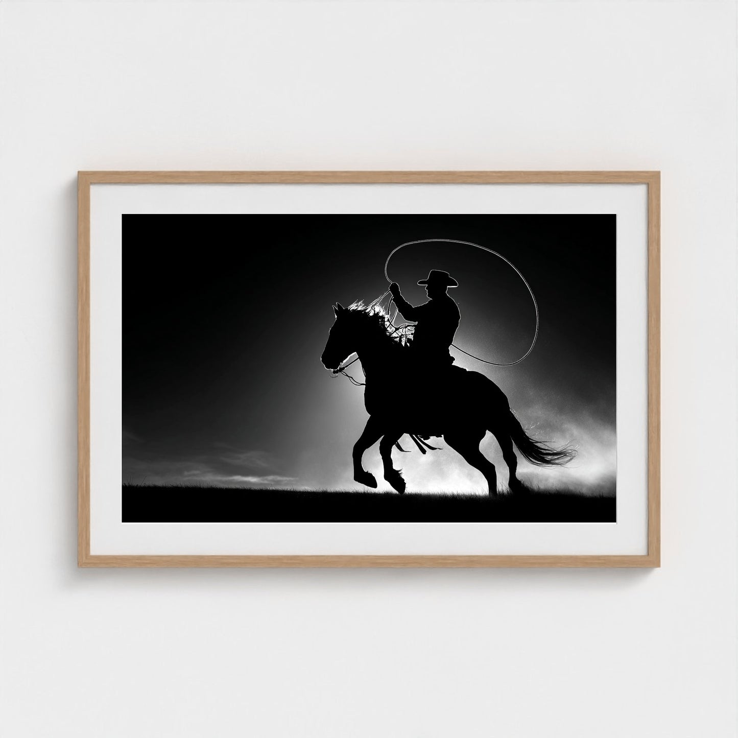 black-and-white-minimalist-realistic-cowboy-lass 36x24-natural frame frame