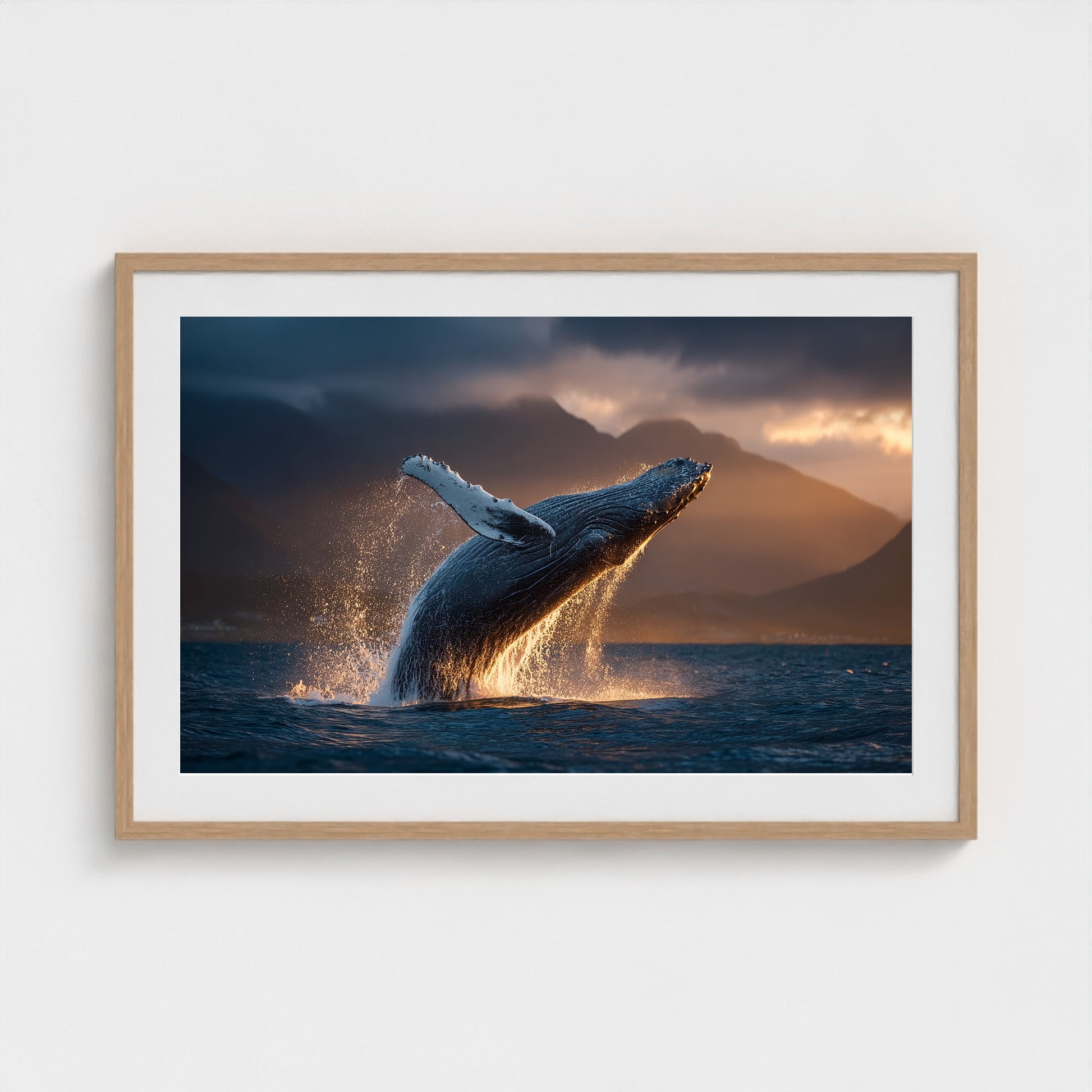 humpback-whale-breaching-at-golden-hour-backlit 36x24-natural frame frame