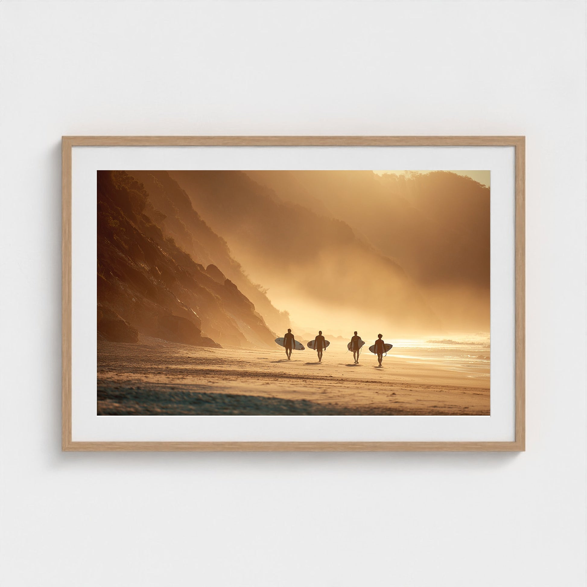 group-of-surfers-walking-across-beach-with-board 36x24-natural frame frame
